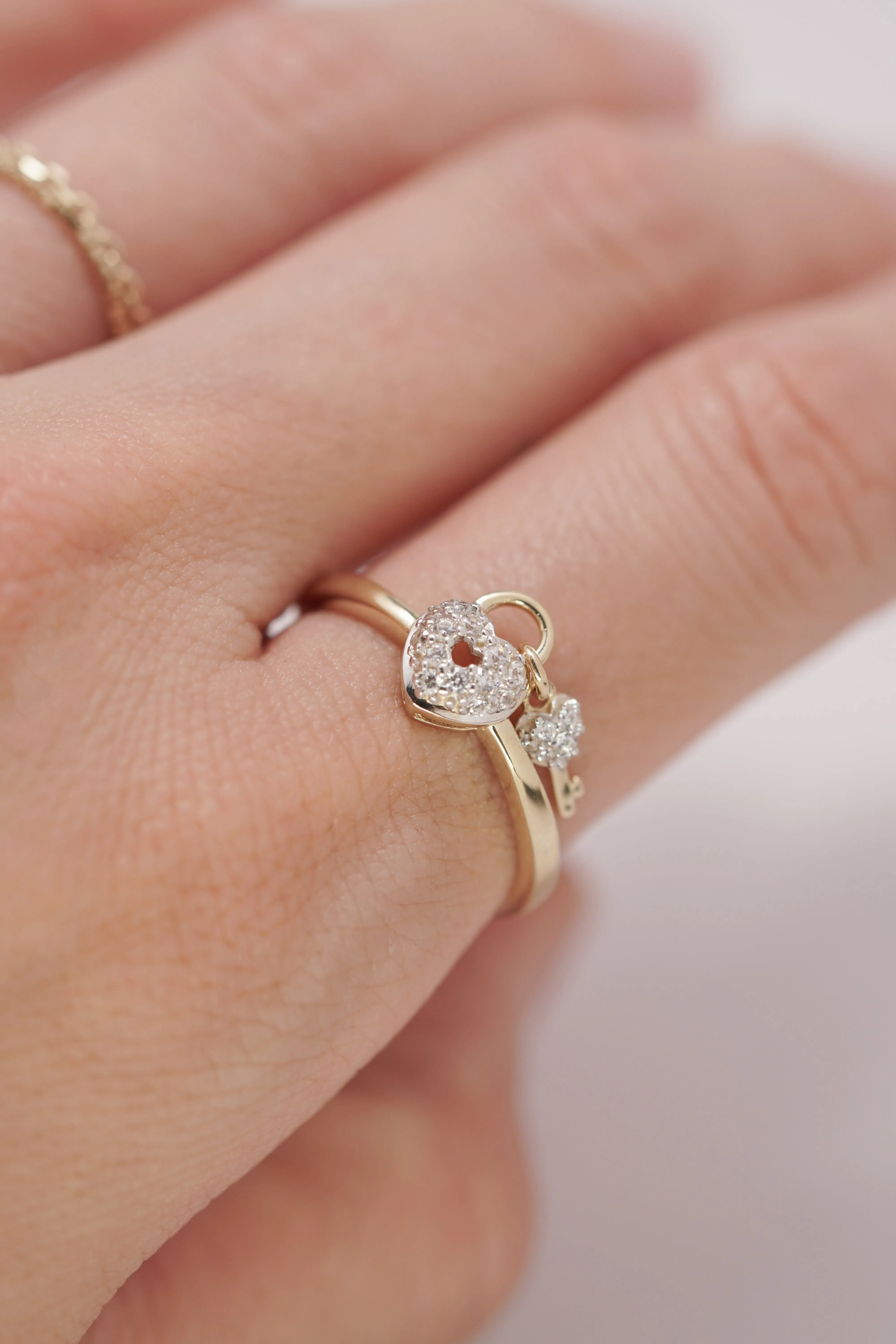 14K Solid Yellow Gold Pave CZ Heart Locket Key Ring