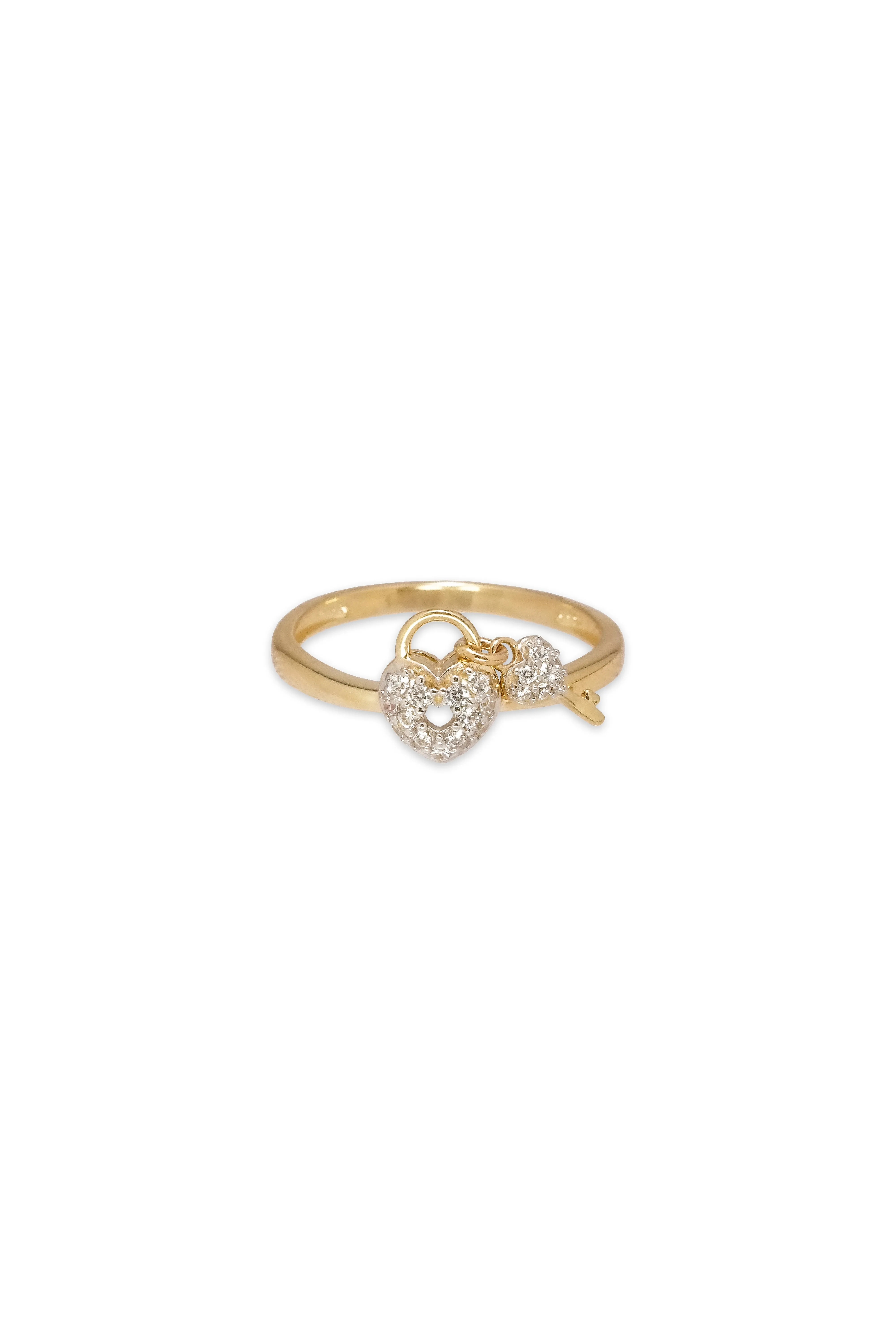 14K Solid Yellow Gold Pave CZ Heart Locket Key Ring