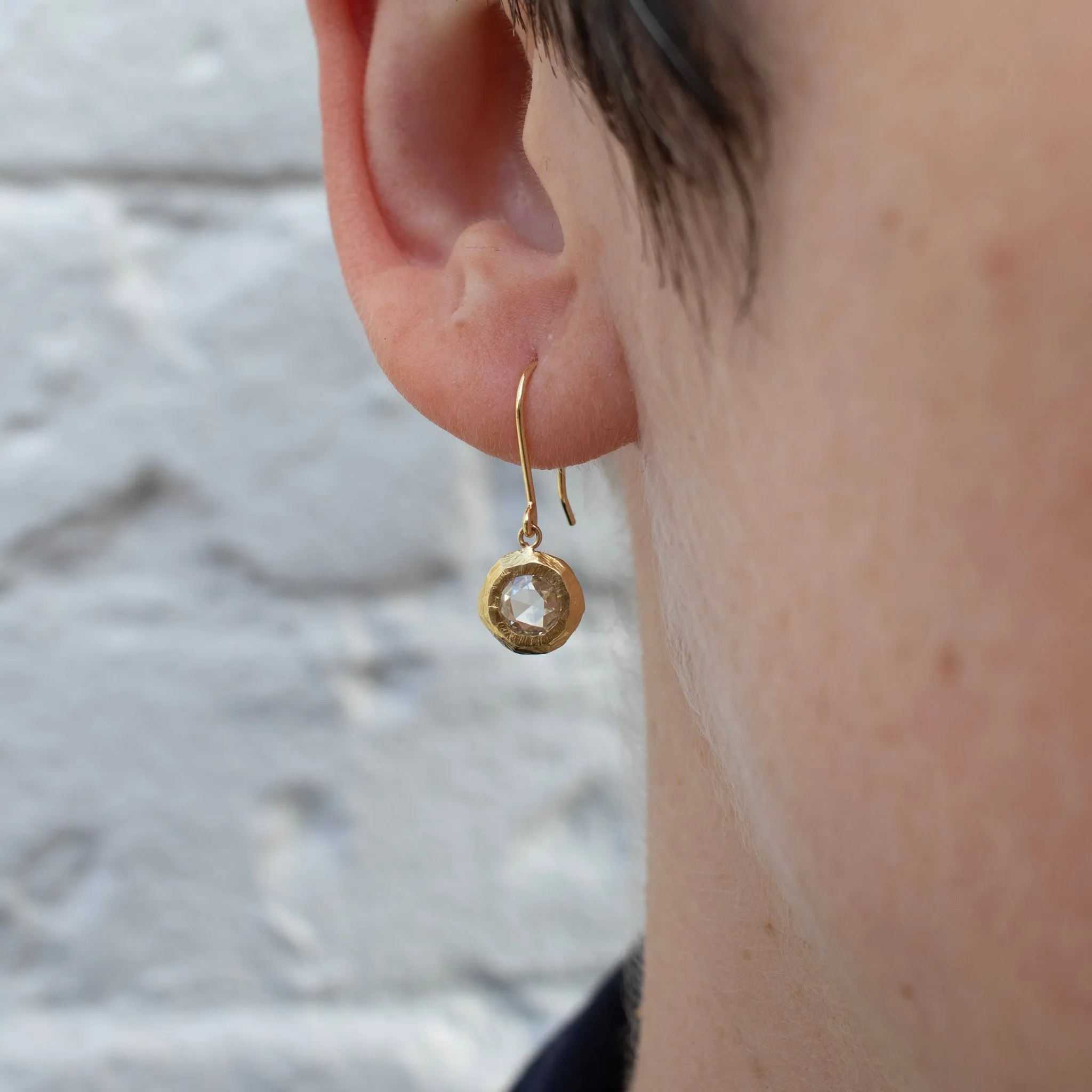 18K Carved Round Rose Cut Diamond Drop Earrings