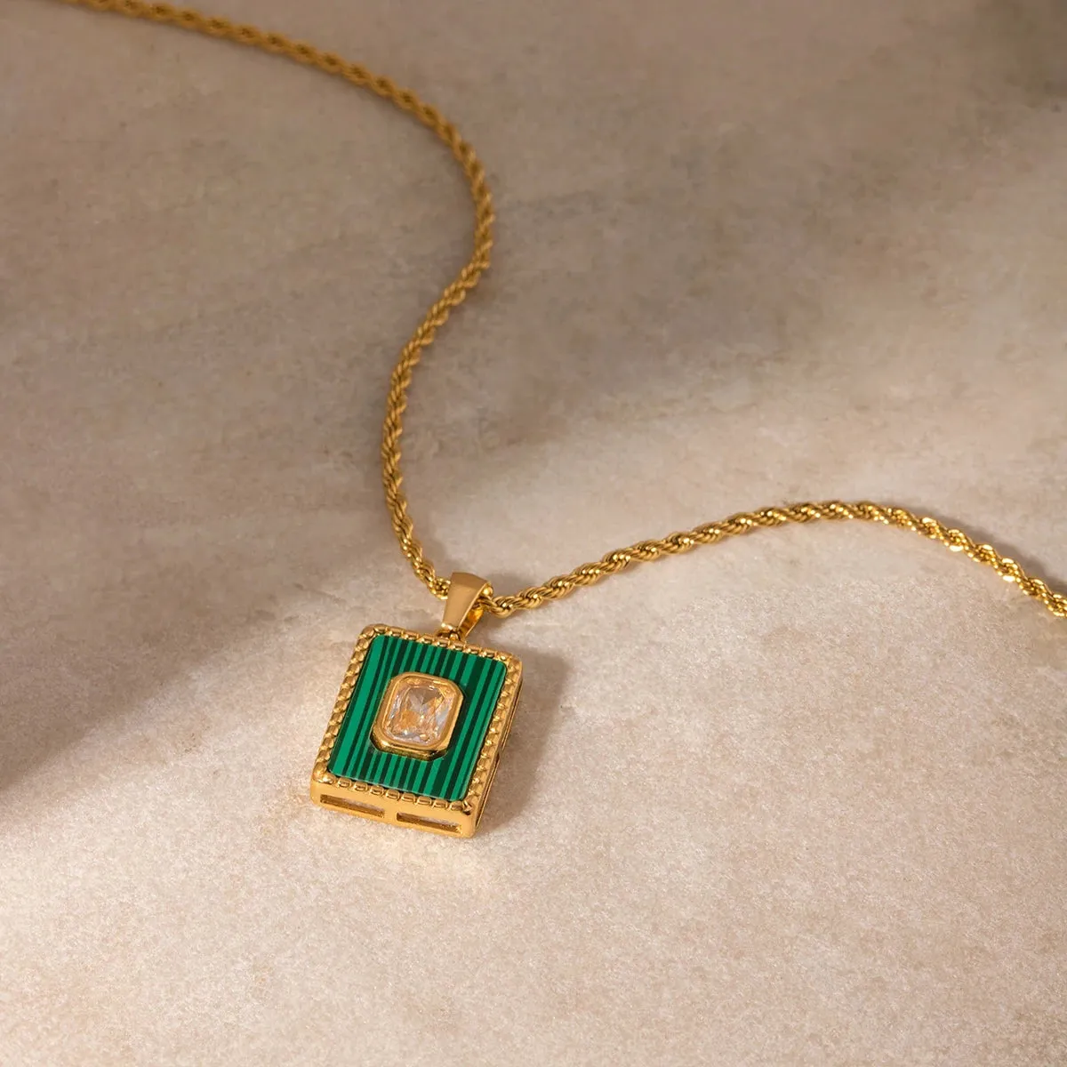 18K Gold Plated Square White Zircon Malachite Pendant Necklace for Women