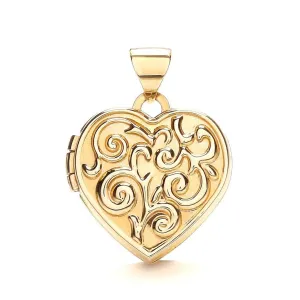 9ct Gold Women's Heart Locket, Hand Engraved Charm, 21mm, Chain Length Options 16" - 20", Gift box included