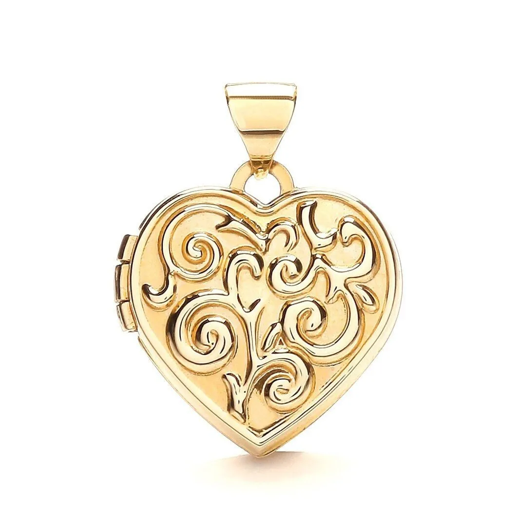 9ct Gold Women's Heart Locket, Hand Engraved Charm, 21mm, Chain Length Options 16" - 20", Gift box included