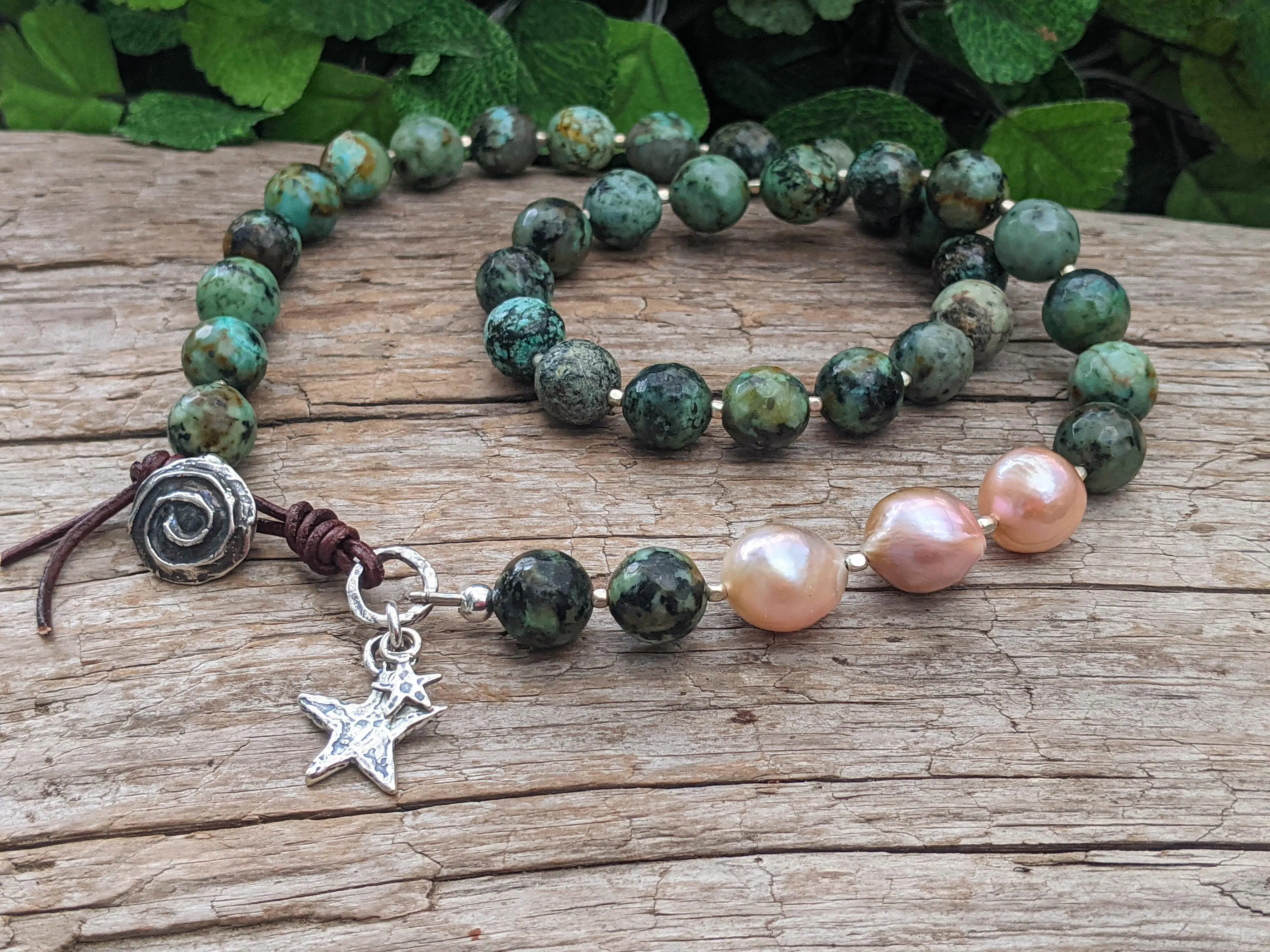 African Turquoise & Big Edison Pearl Boho Necklace