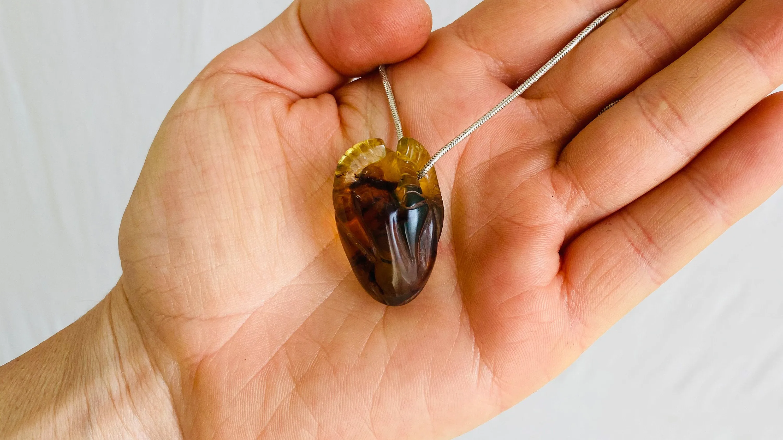 Amber Anatomic Heart Pendant on Sterling Silver Snake Chain. Atelier Aadya