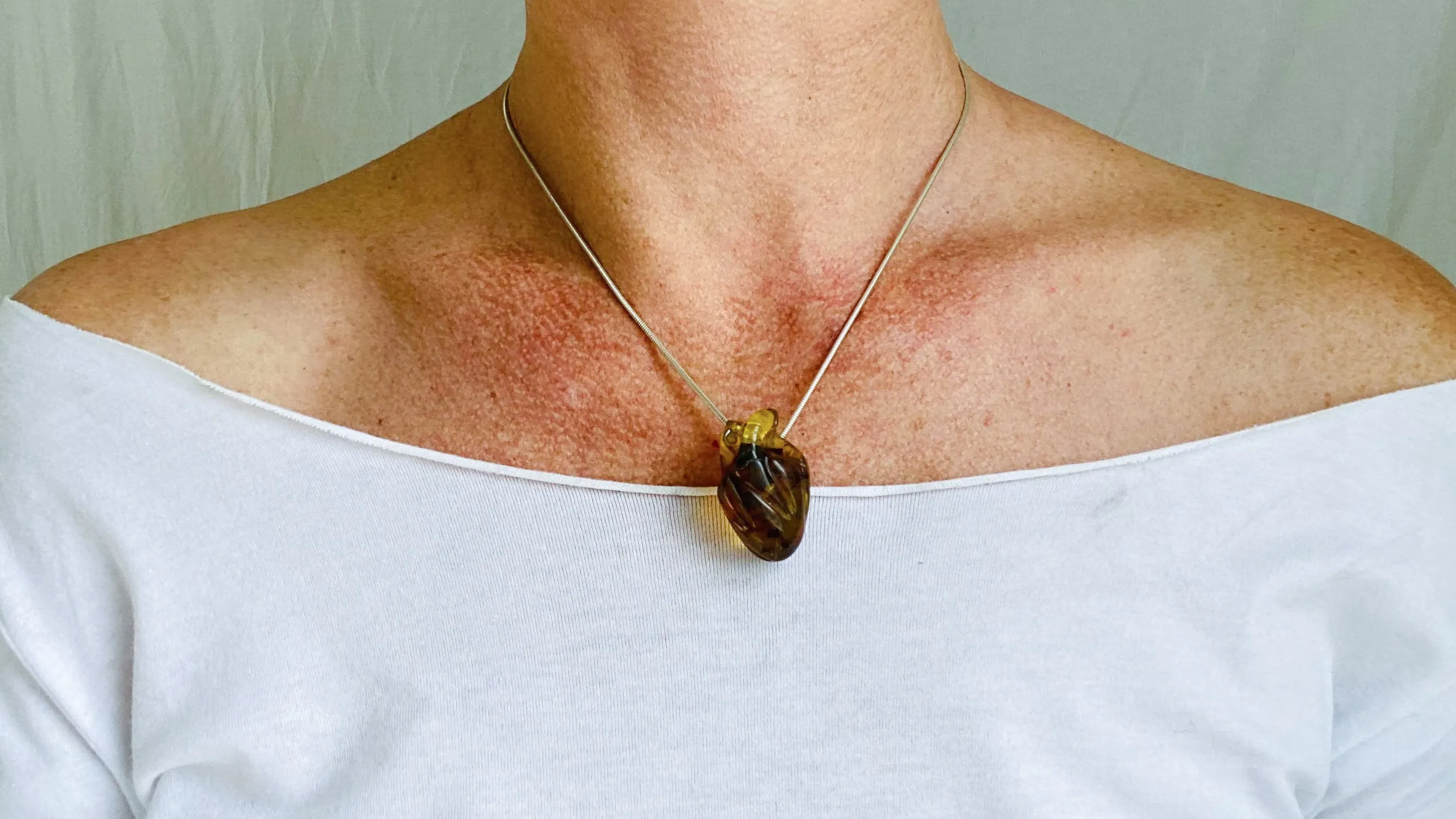 Amber Anatomic Heart Pendant on Sterling Silver Snake Chain. Atelier Aadya