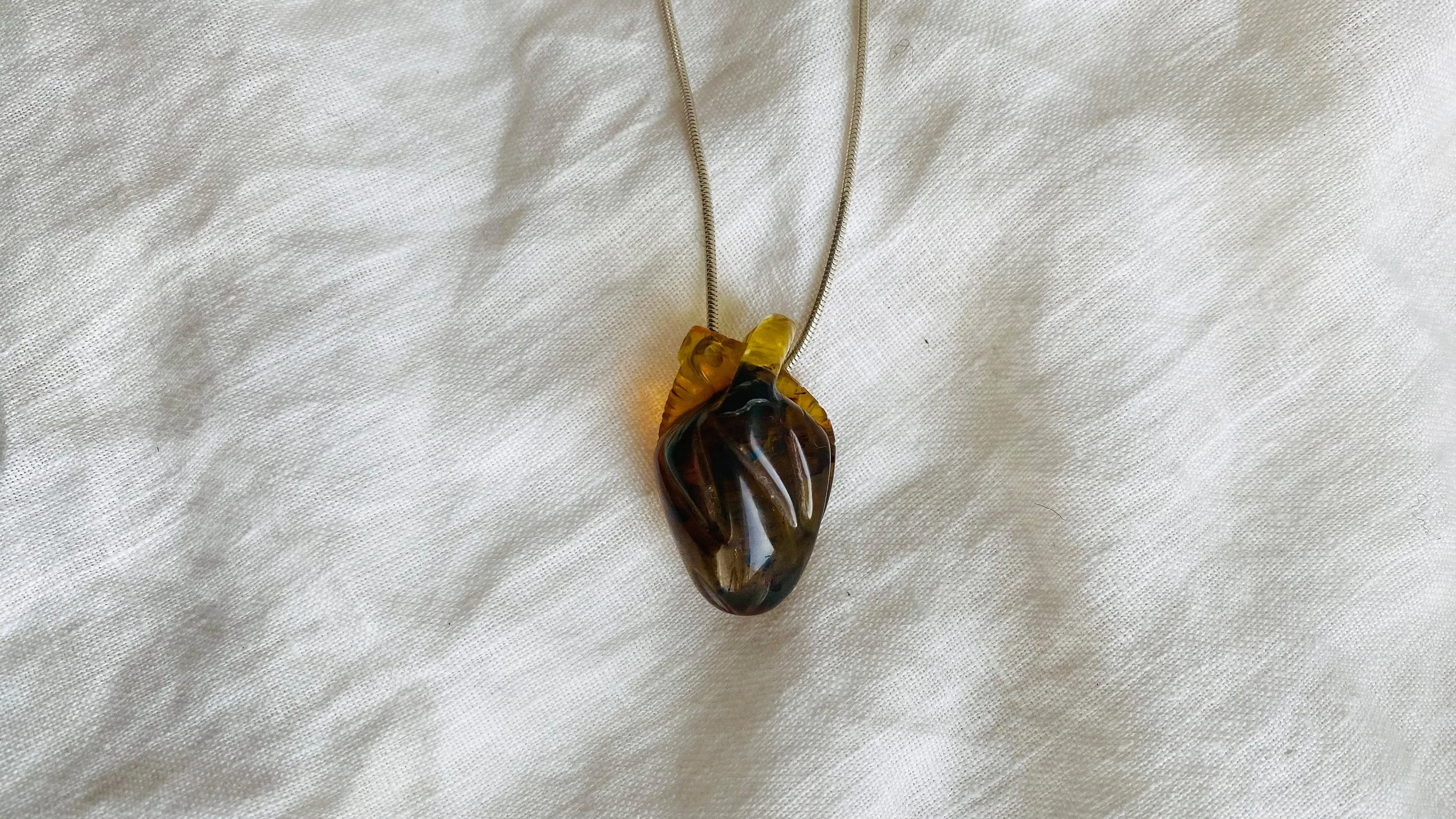 Amber Anatomic Heart Pendant on Sterling Silver Snake Chain. Atelier Aadya
