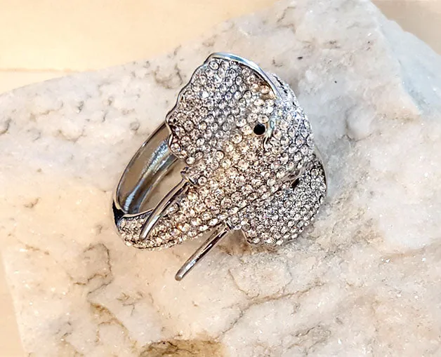 Austrian Crystal Silver Elephant Hinged Bangle Bracelet