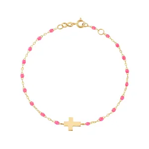 Baby Cross Charm Classic Gigi Pink bracelet, Yellow Gold, 5.1"