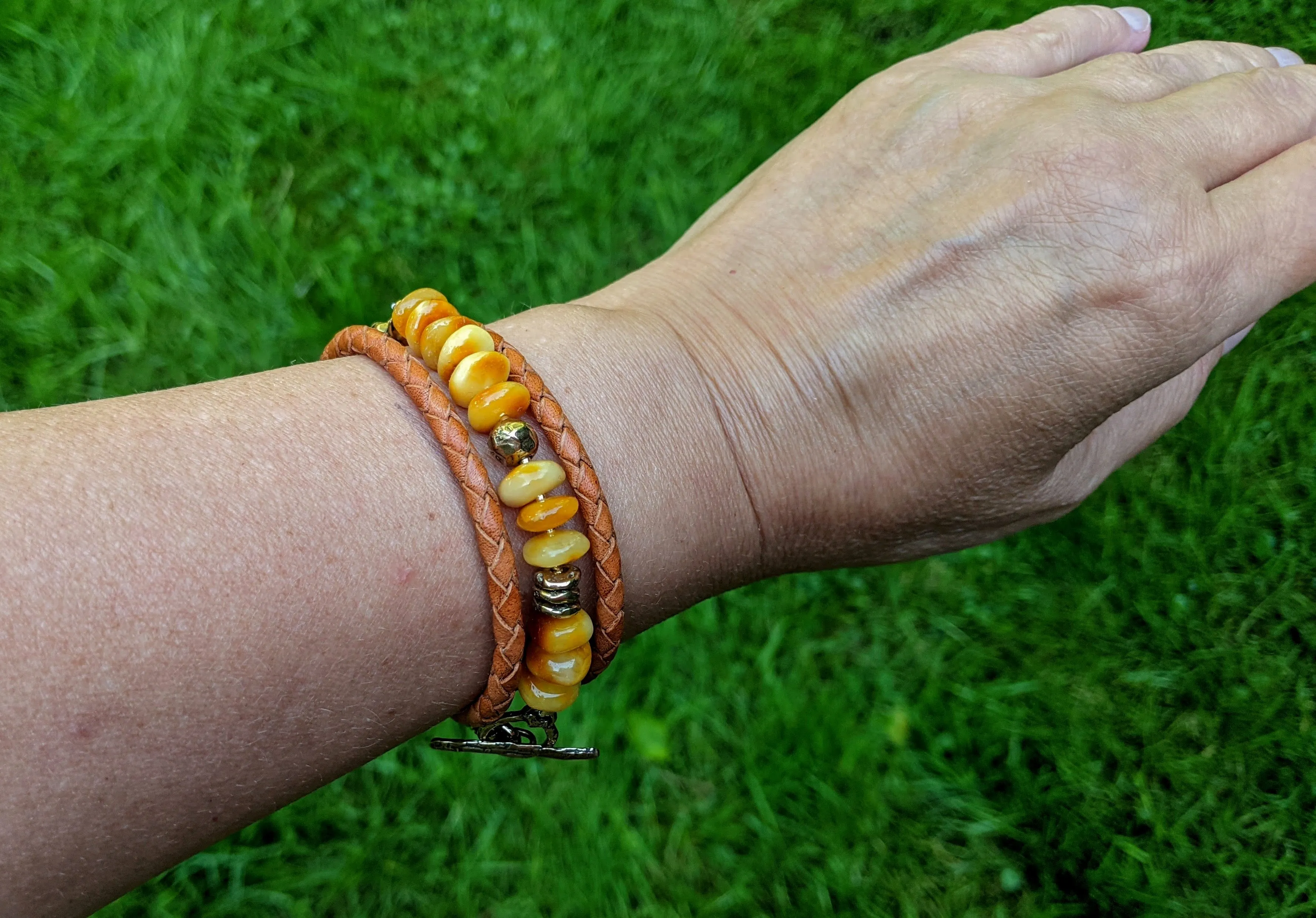 Baltic amber wrap bracelet. Egg Yolk amber Bracelet. Butterscotch Amber bracelet.
