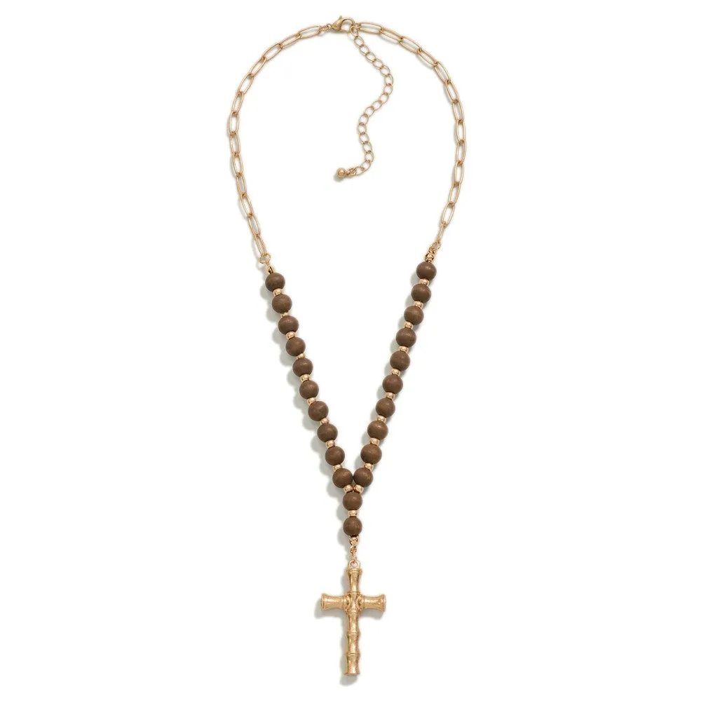 Bamboo Cross Brown Wood Bead Necklace