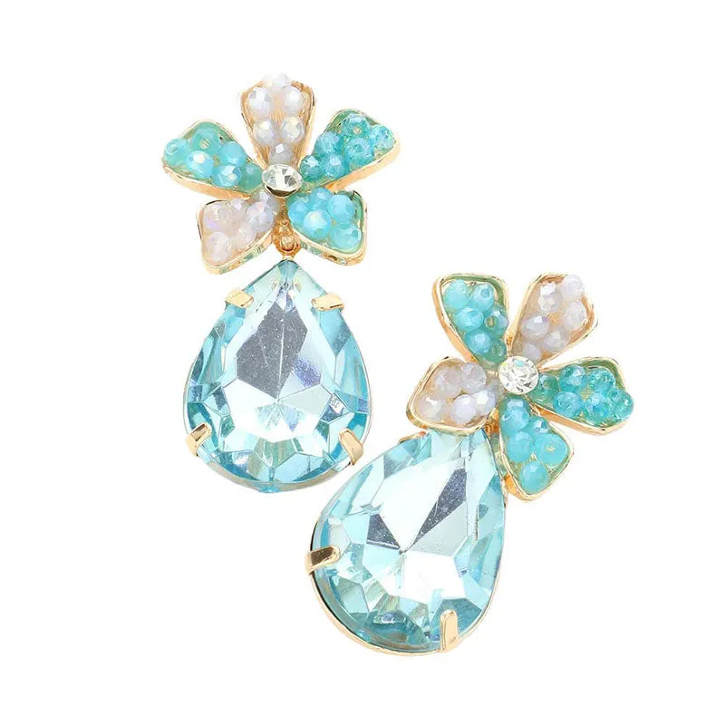 Beaded Flower Teardrop Stone Link Dangle Earrings