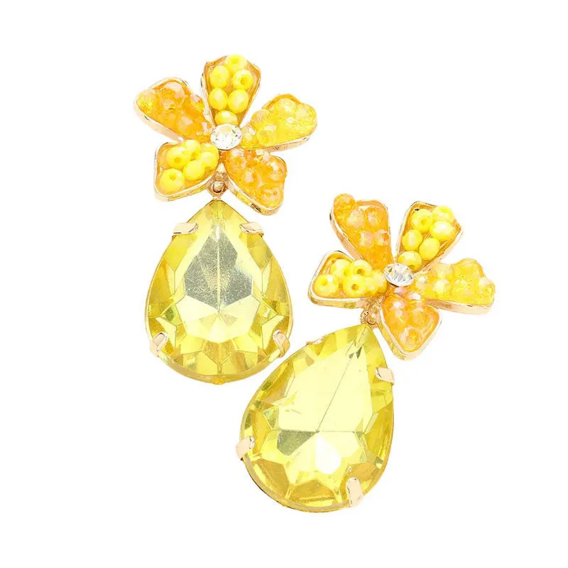 Beaded Flower Teardrop Stone Link Dangle Earrings