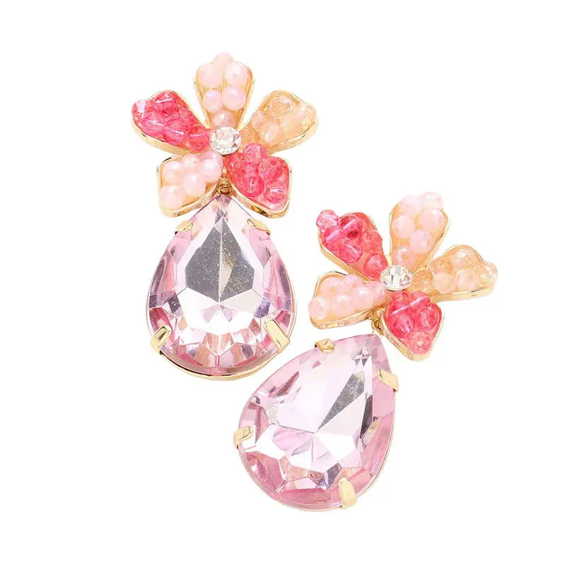 Beaded Flower Teardrop Stone Link Dangle Earrings