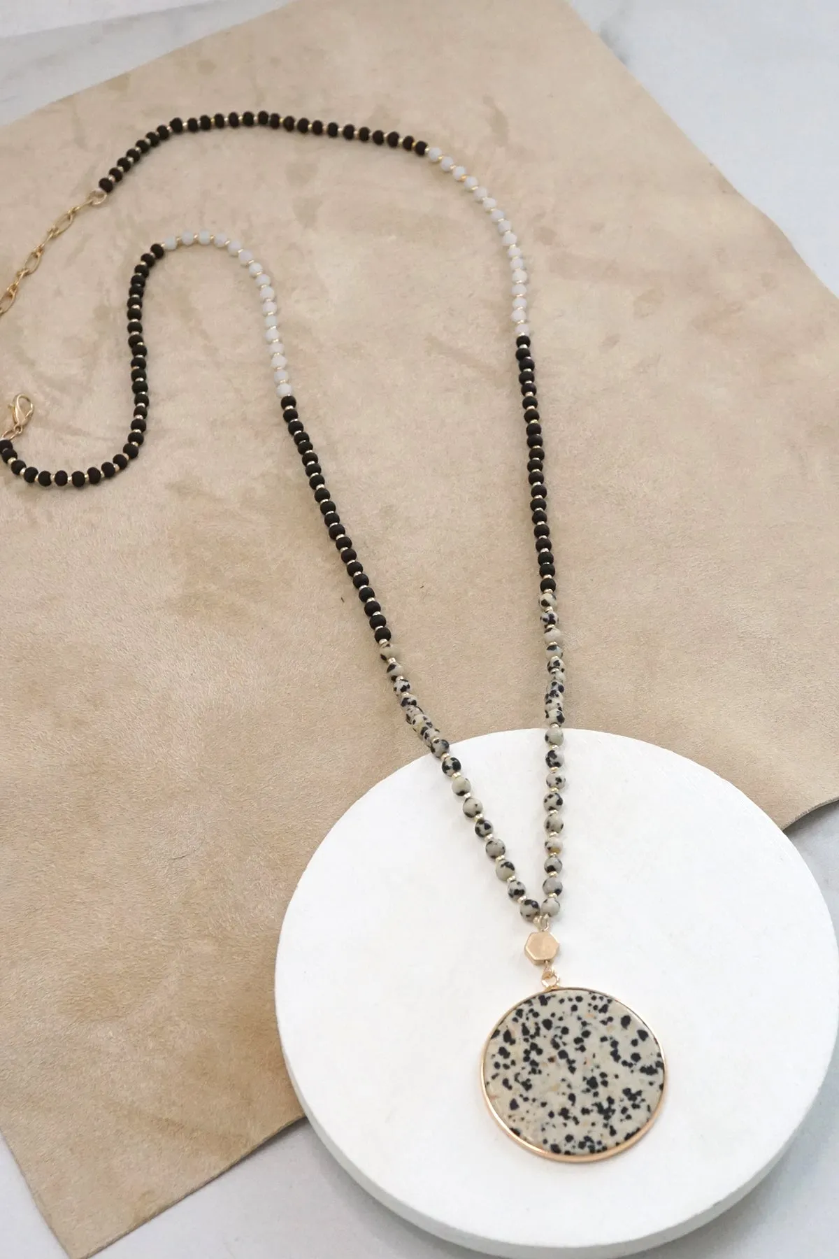 Beaded Necklace with Semi Precious Dalmatian Stone Round Pendant