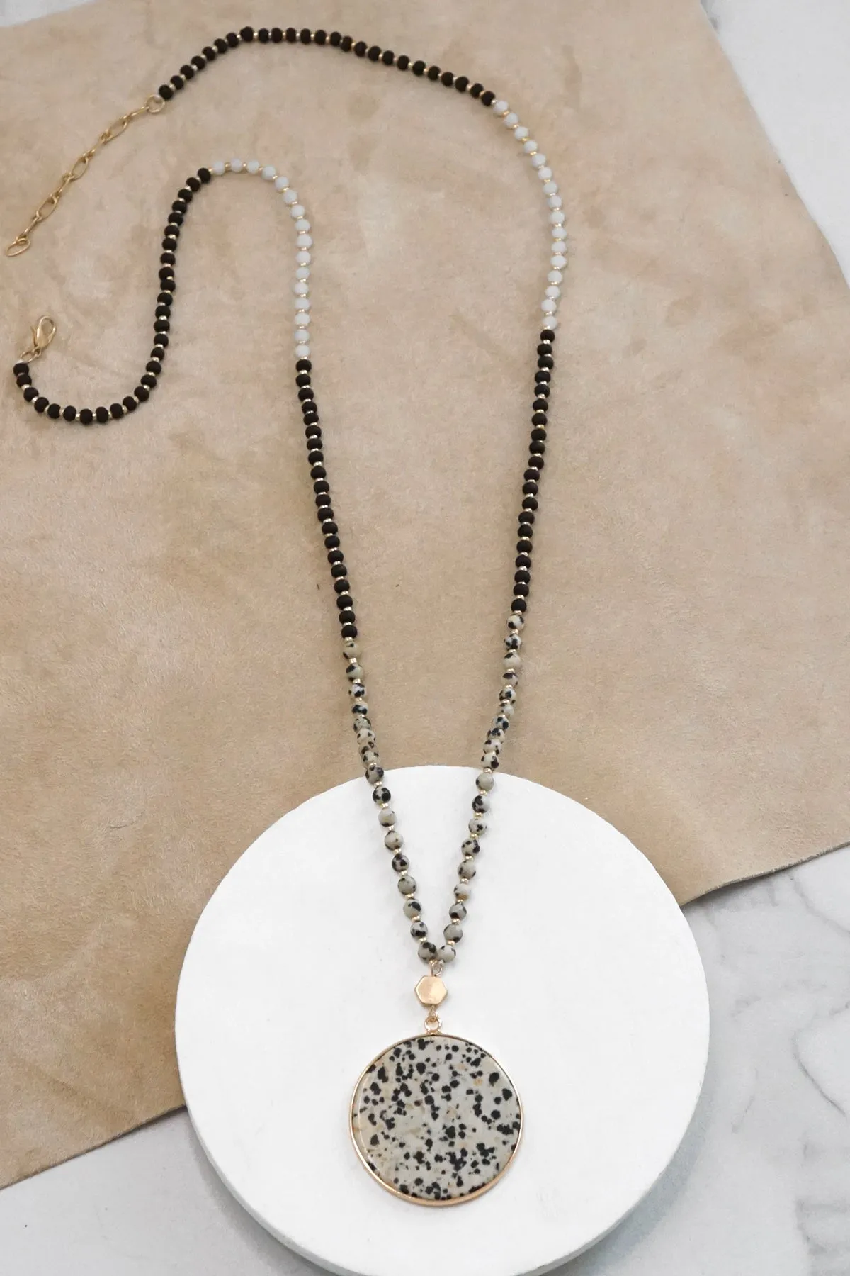 Beaded Necklace with Semi Precious Dalmatian Stone Round Pendant
