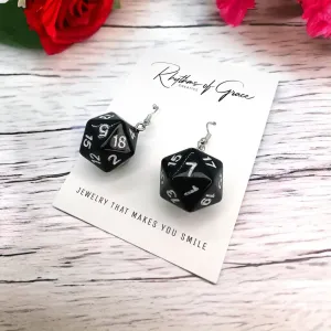 Black Dice Earrings - 20 Sided Dice, Casino Earrings, Game Earrings, Dice Jewelry, Dice Accessories, Handmade Earrings