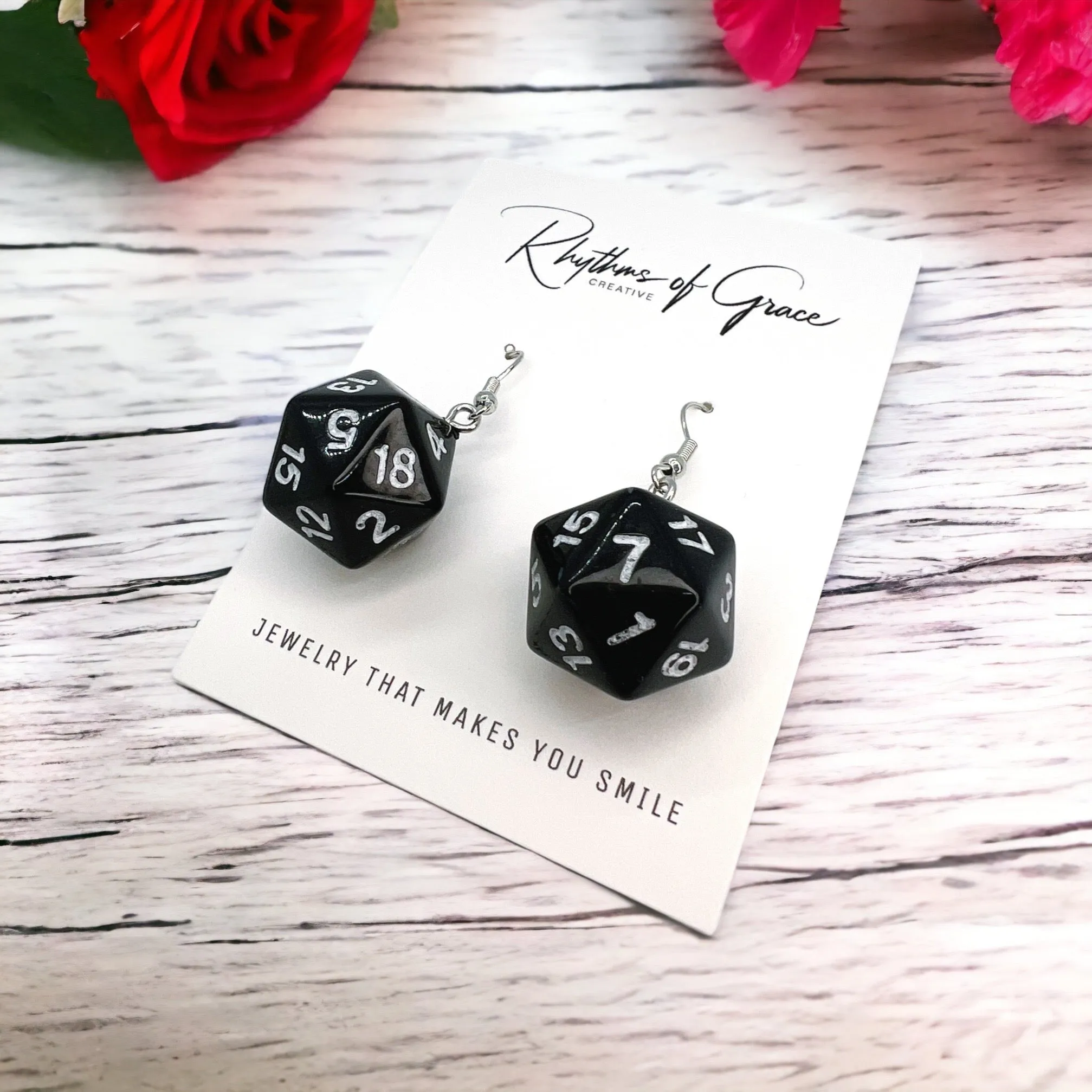 Black Dice Earrings - 20 Sided Dice, Casino Earrings, Game Earrings, Dice Jewelry, Dice Accessories, Handmade Earrings