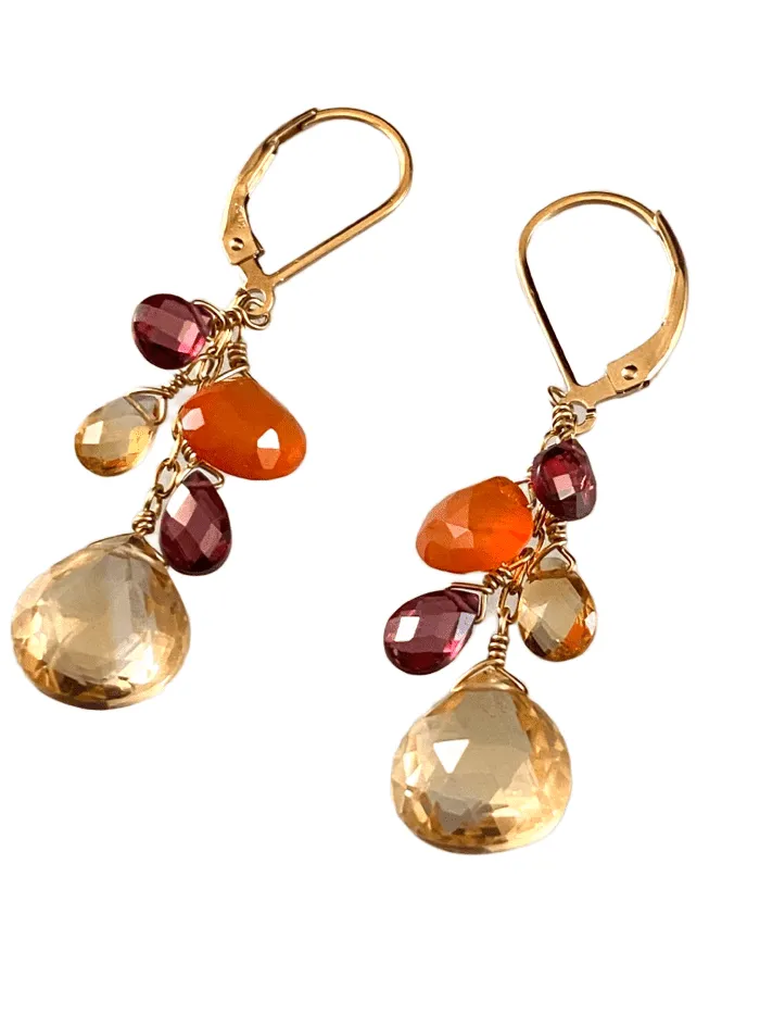 Citrine Garnet Carnelian Yellow Gold Waterfall Gemstone Earrings