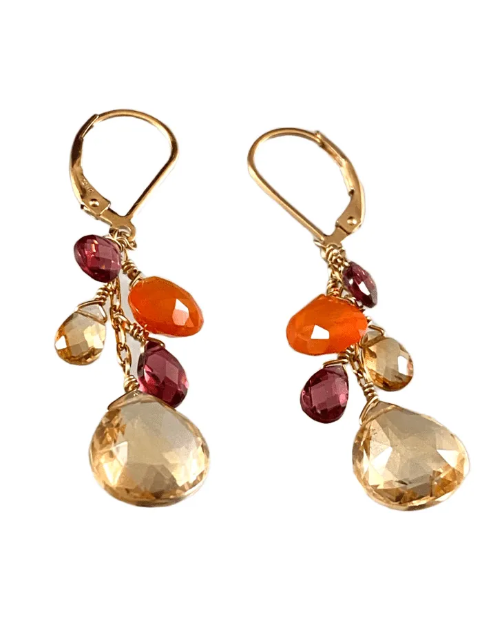 Citrine Garnet Carnelian Yellow Gold Waterfall Gemstone Earrings