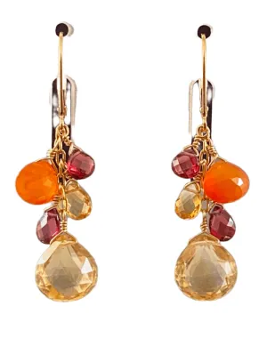 Citrine Garnet Carnelian Yellow Gold Waterfall Gemstone Earrings