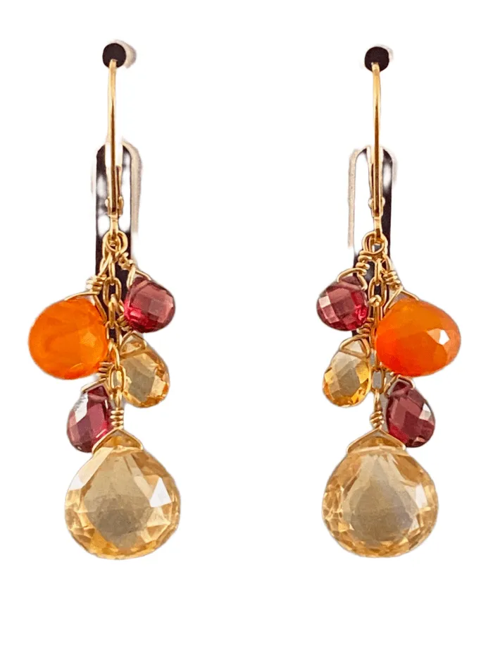 Citrine Garnet Carnelian Yellow Gold Waterfall Gemstone Earrings