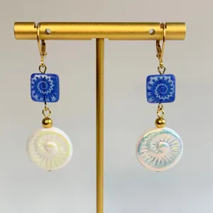 Cloud White Czech Glass Ammonite Earrings