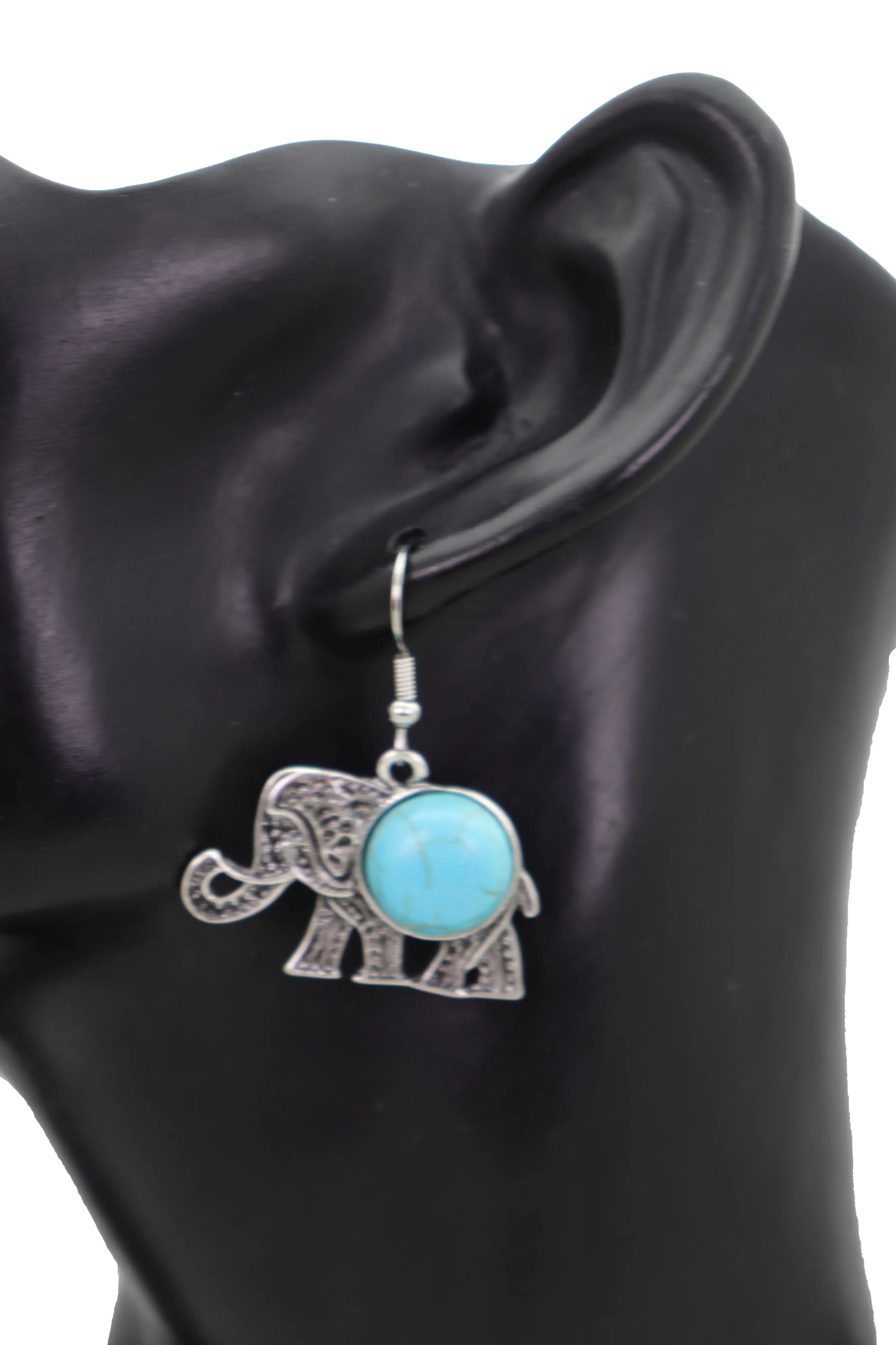 Earrings Set Ethnic Silver Metal Indian Elephant Jewelry Turquoise Blue
