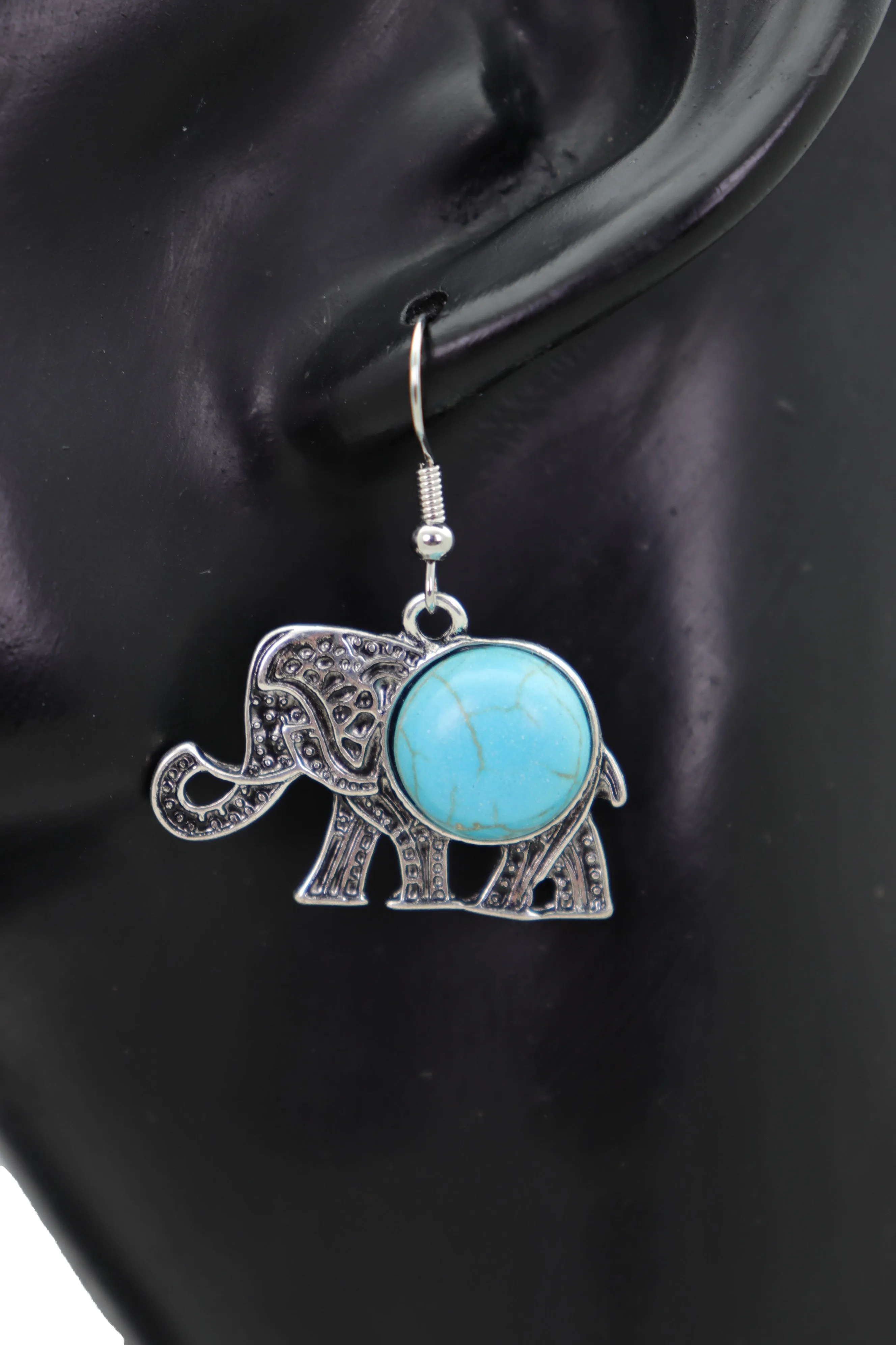 Earrings Set Ethnic Silver Metal Indian Elephant Jewelry Turquoise Blue