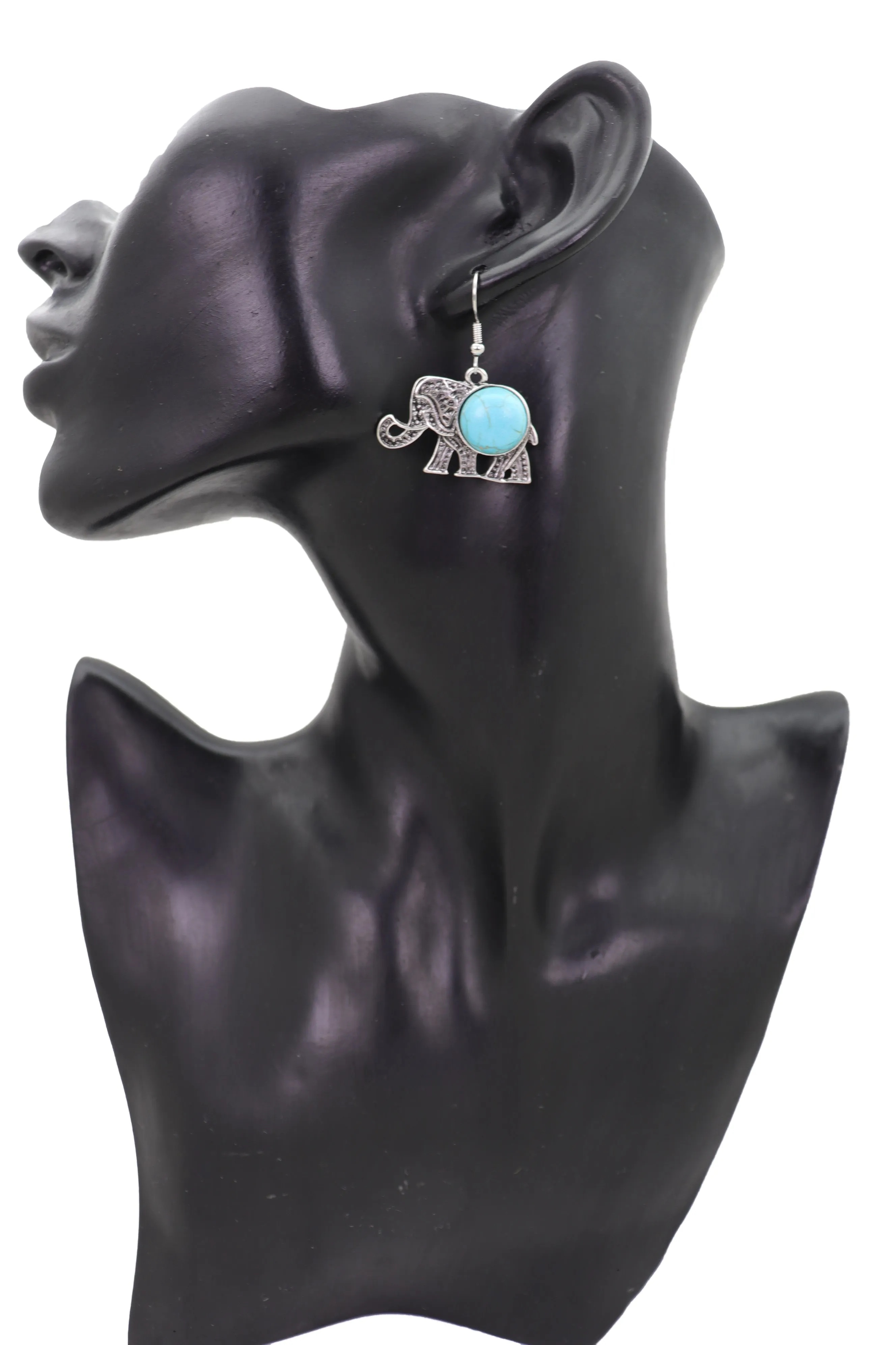Earrings Set Ethnic Silver Metal Indian Elephant Jewelry Turquoise Blue