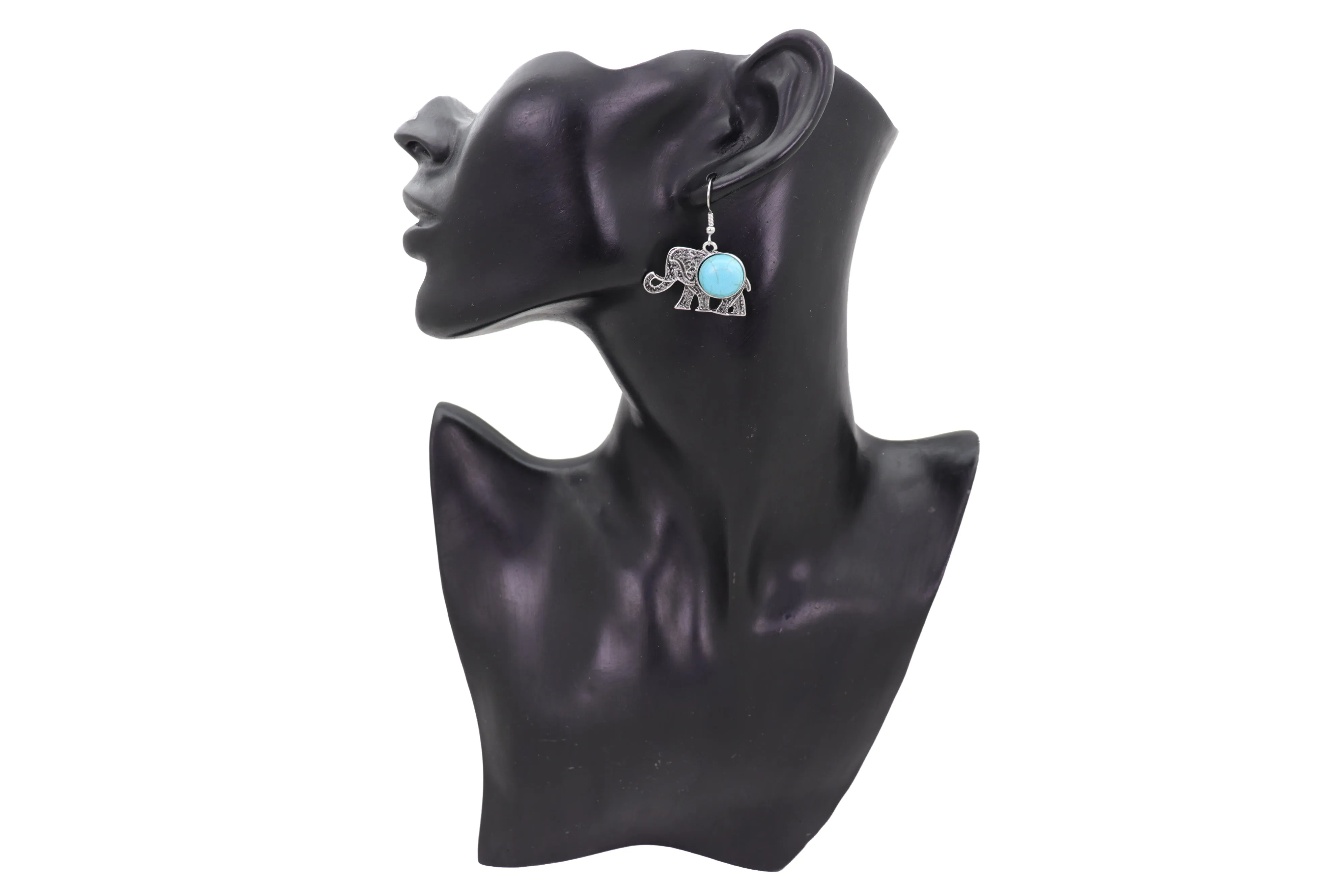 Earrings Set Ethnic Silver Metal Indian Elephant Jewelry Turquoise Blue