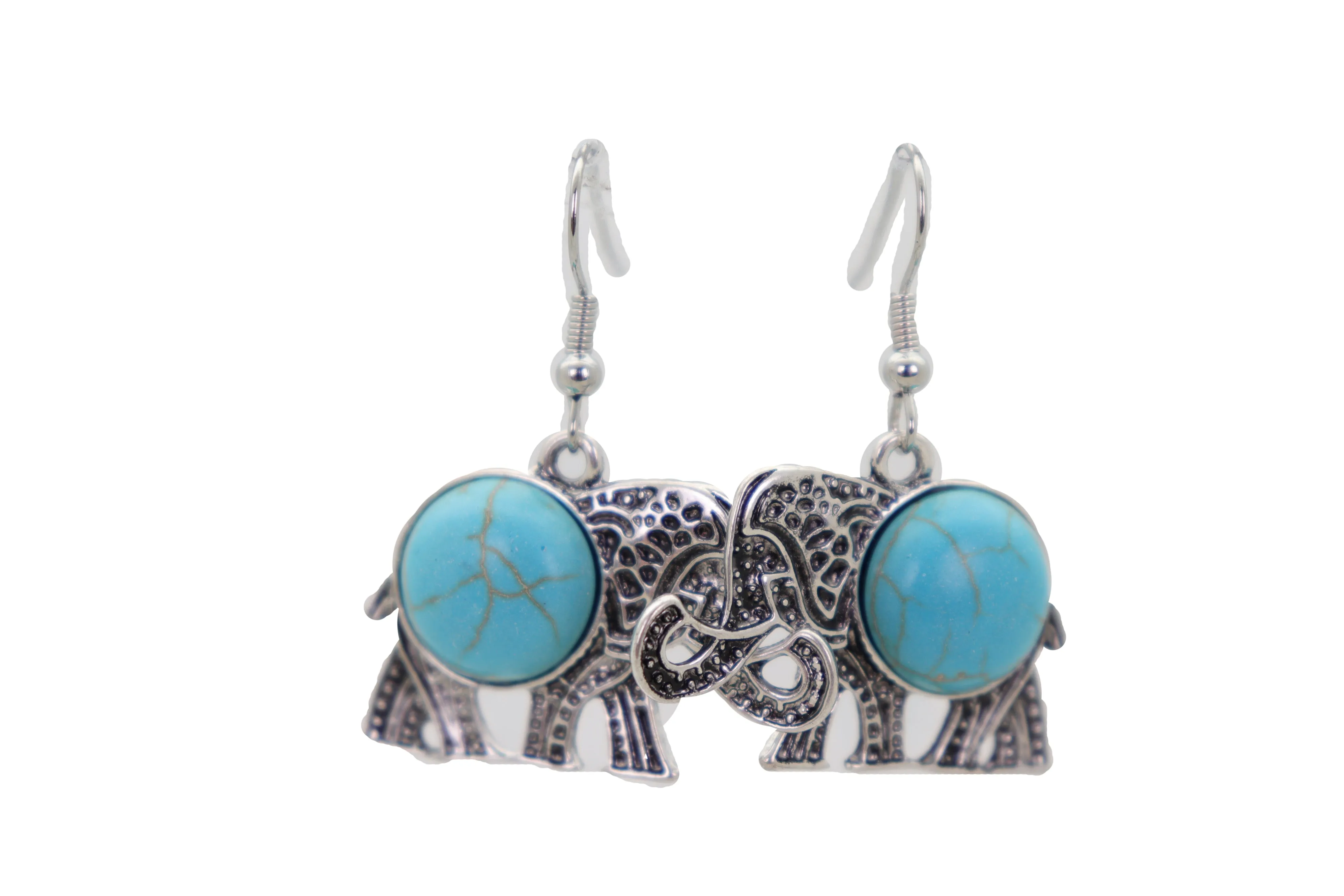 Earrings Set Ethnic Silver Metal Indian Elephant Jewelry Turquoise Blue