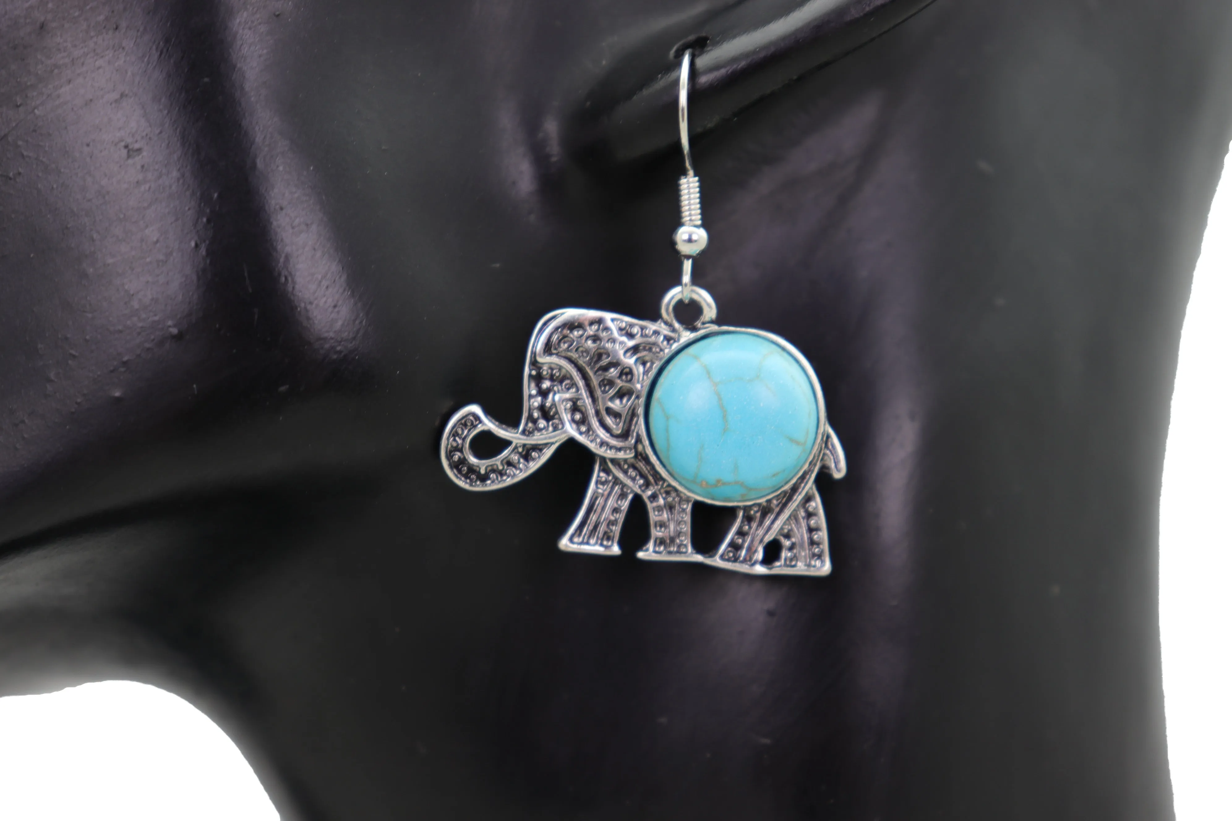 Earrings Set Ethnic Silver Metal Indian Elephant Jewelry Turquoise Blue