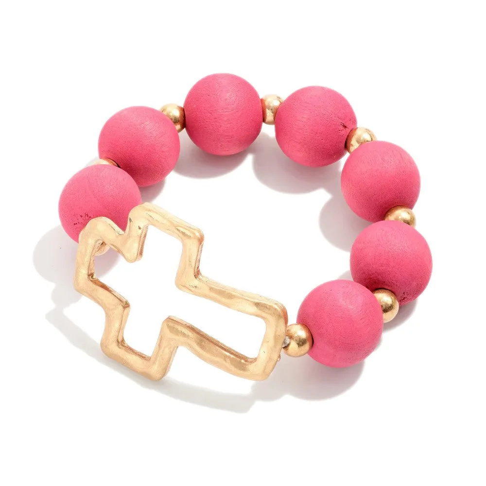 Fuchsia Wood Bead Cross Bracelet