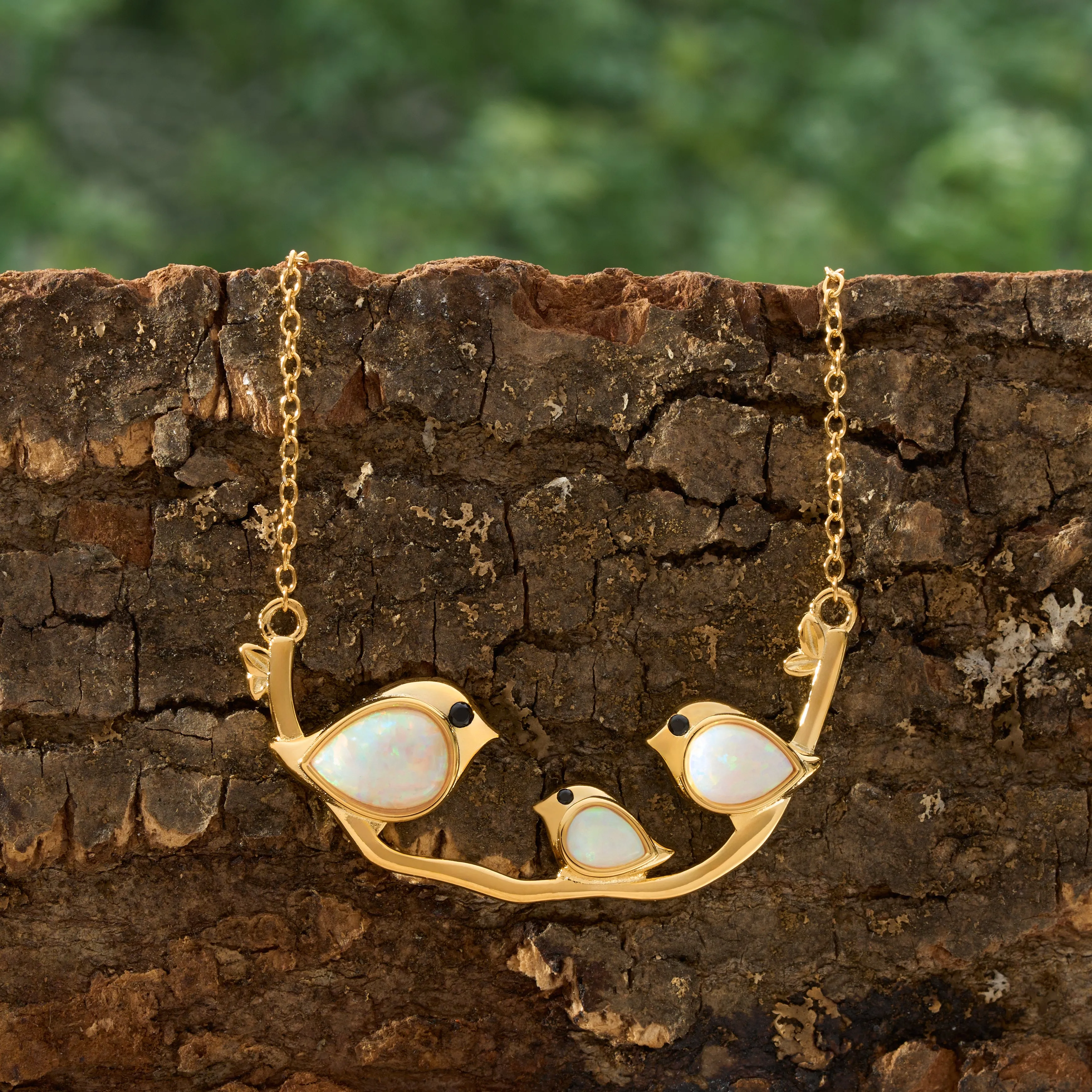 Gold Sterling Silver Triple White Opal Birdie Branch Necklace