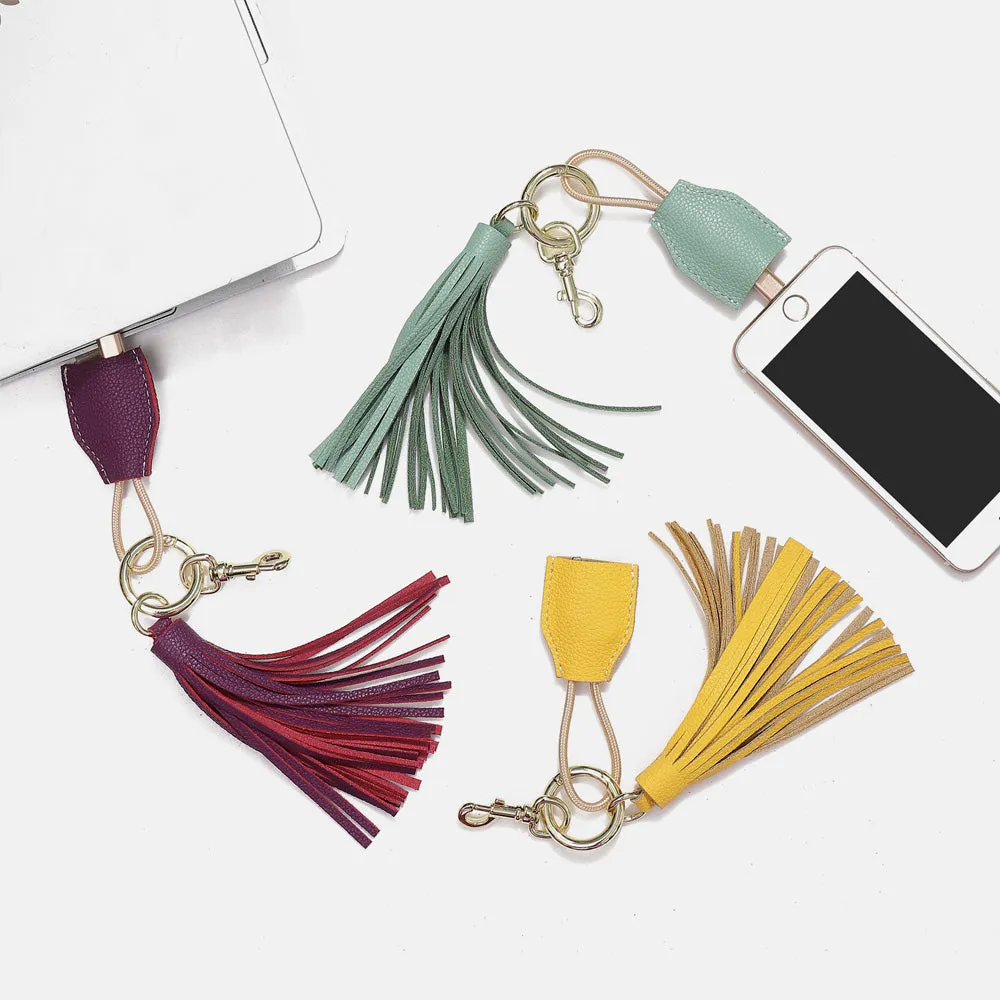 Leather Tassel Keychain w/ USB charging cable