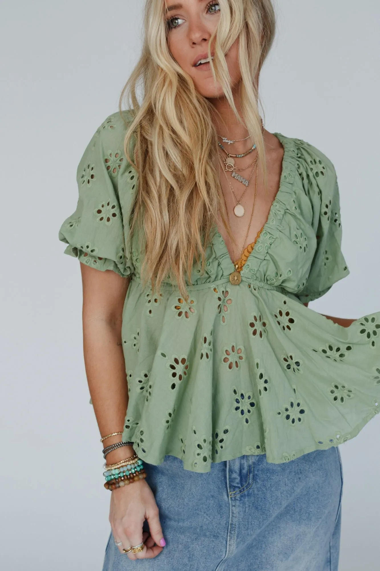 Let Love Embroidered Top - Sage