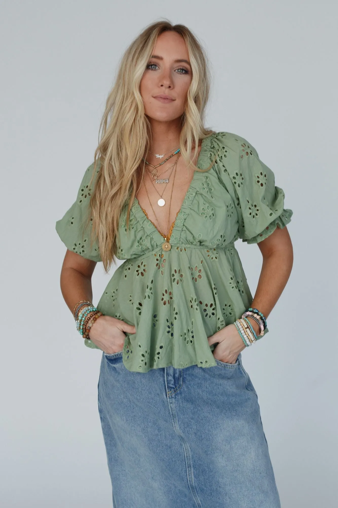 Let Love Embroidered Top - Sage