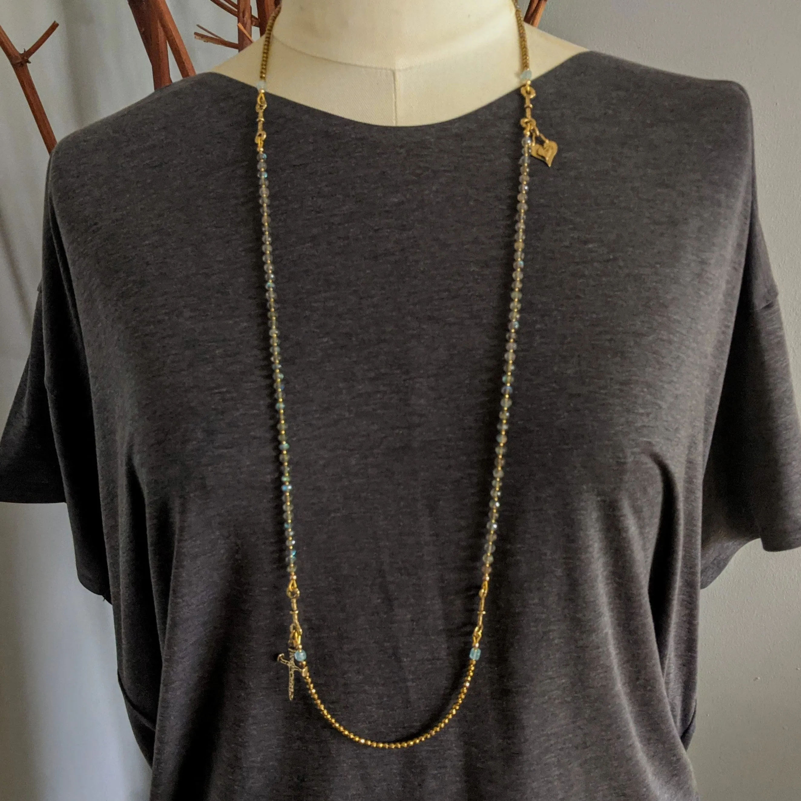 Long Labradorite & Gold Hematite Necklace