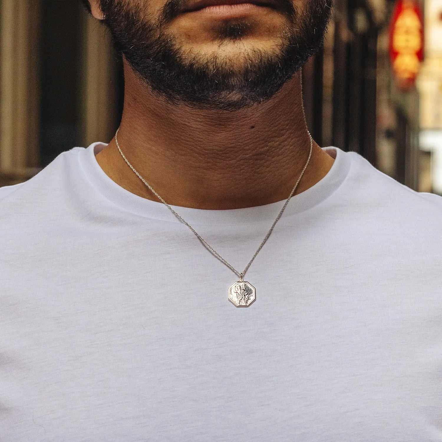 Men's Large St Christopher Necklace White Gold   Engraving