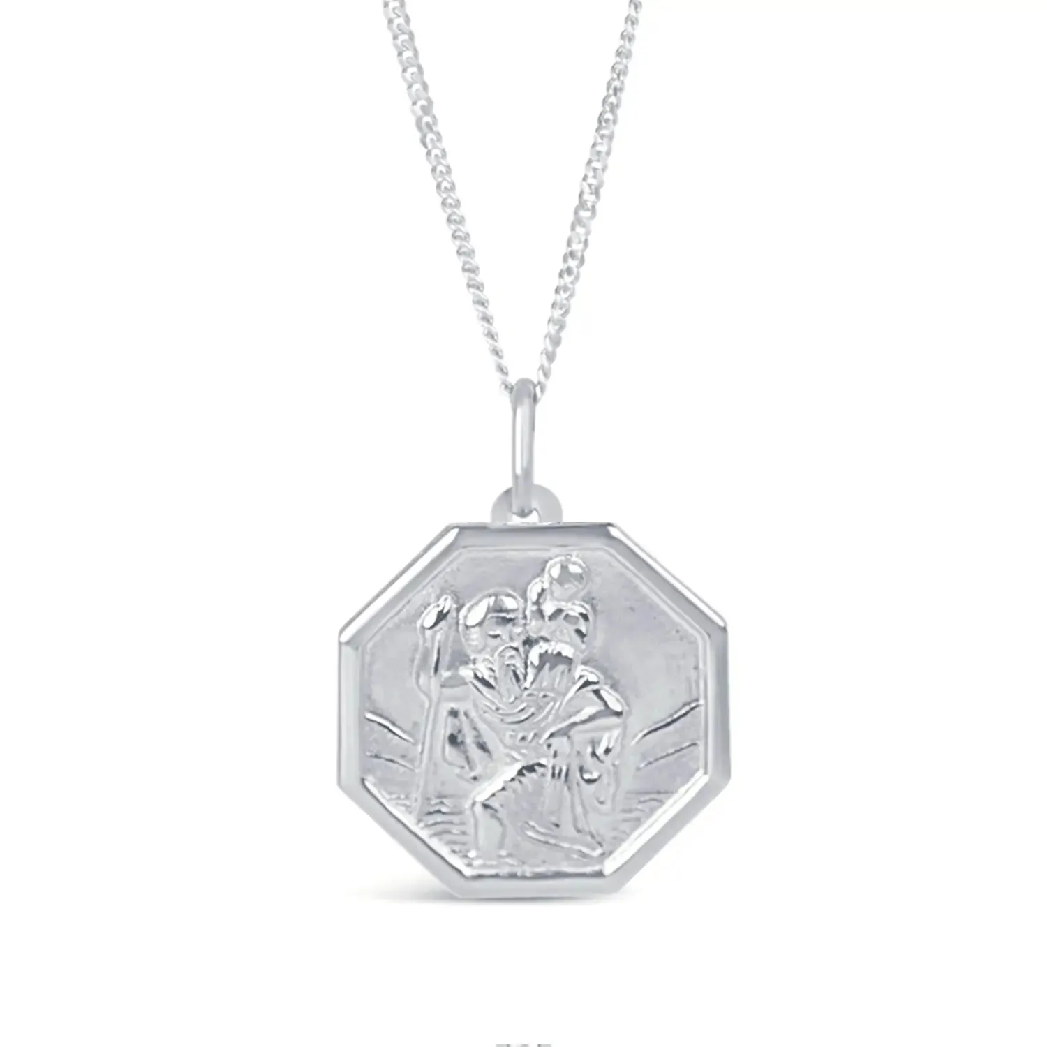 Men's Large St Christopher Necklace White Gold   Engraving