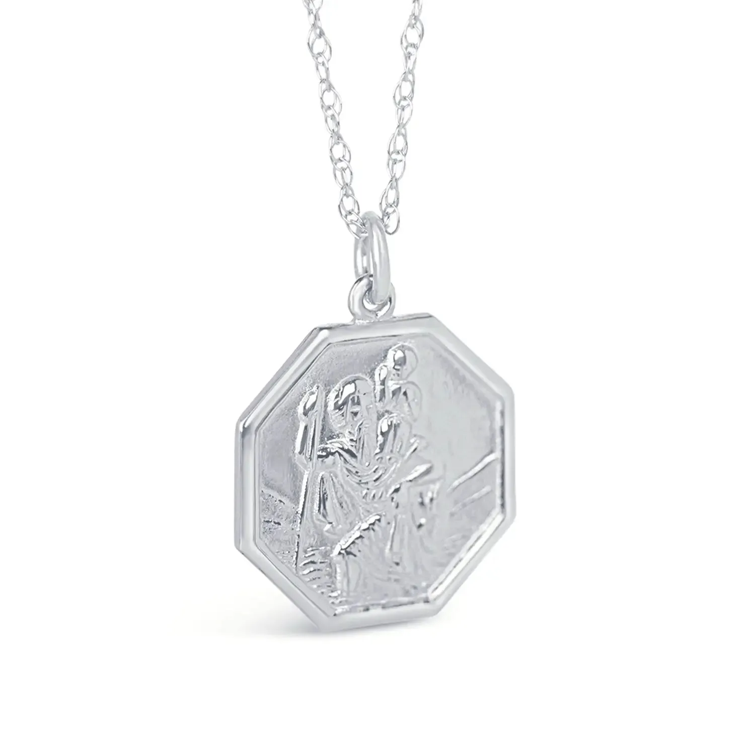 Men's Large St Christopher Necklace White Gold   Engraving