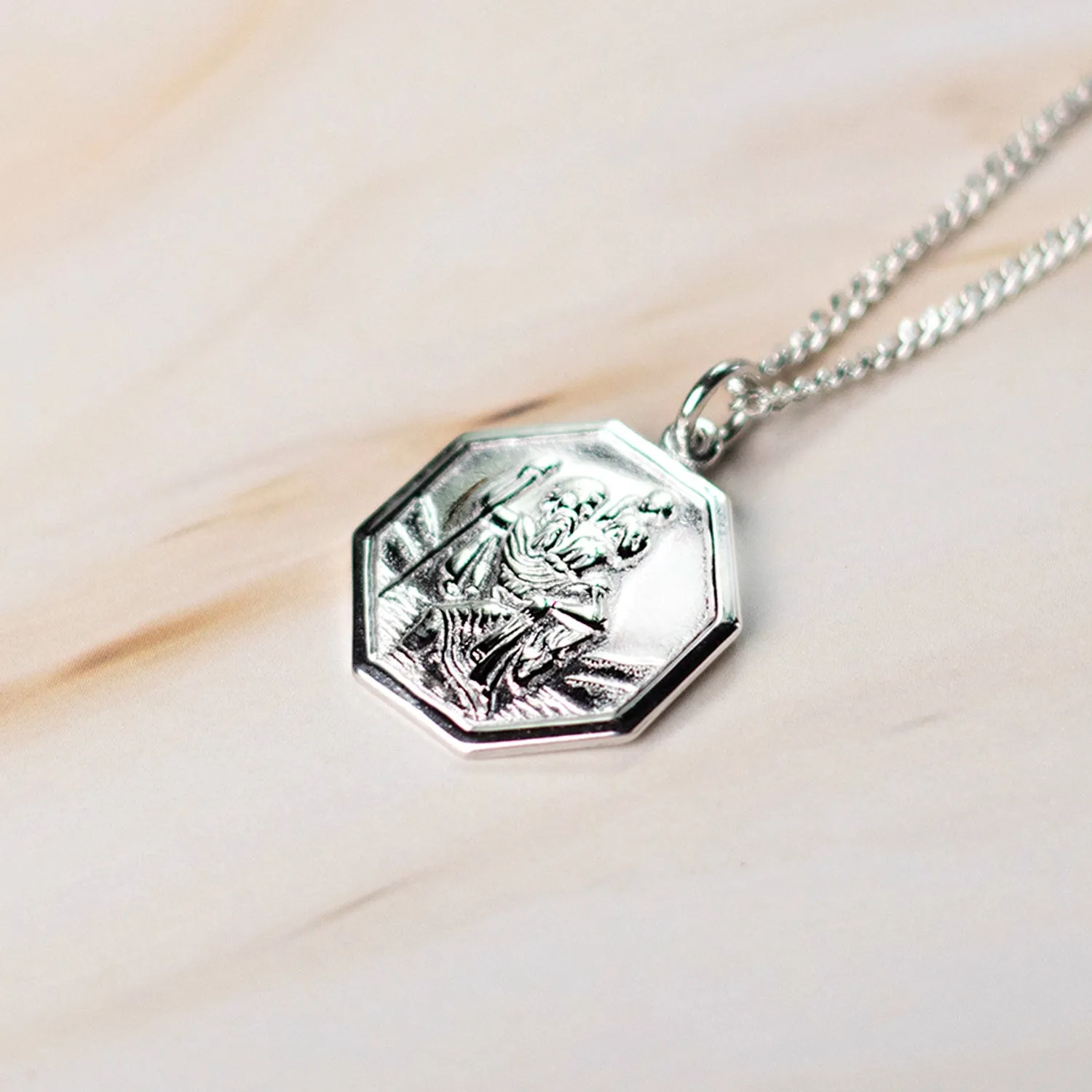 Men's Large St Christopher Necklace White Gold   Engraving