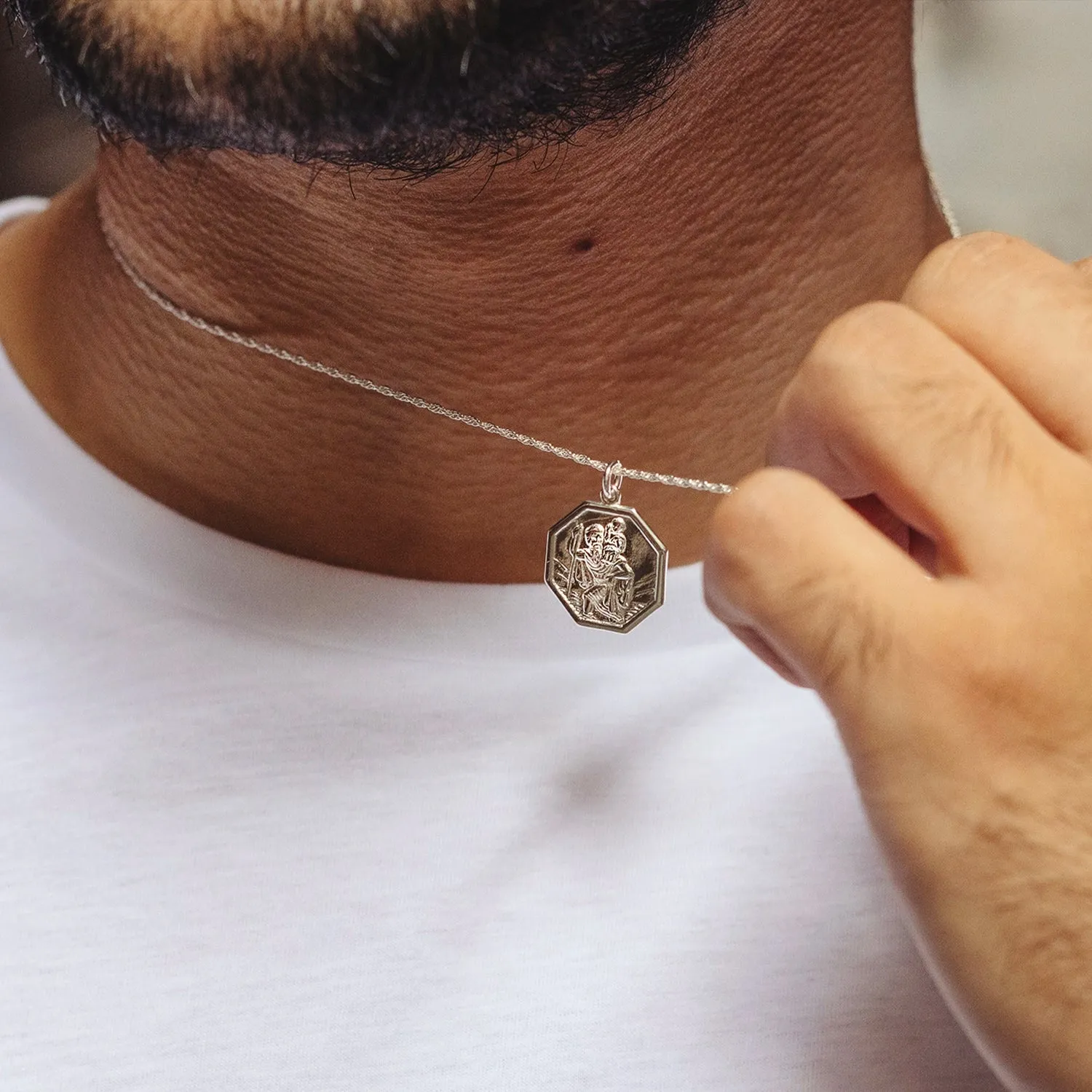Men's Large St Christopher Necklace White Gold   Engraving