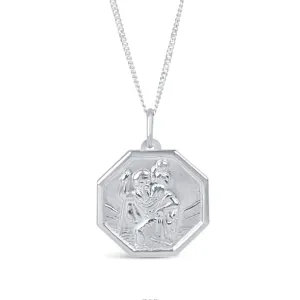 Men's Large St Christopher Necklace White Gold   Engraving