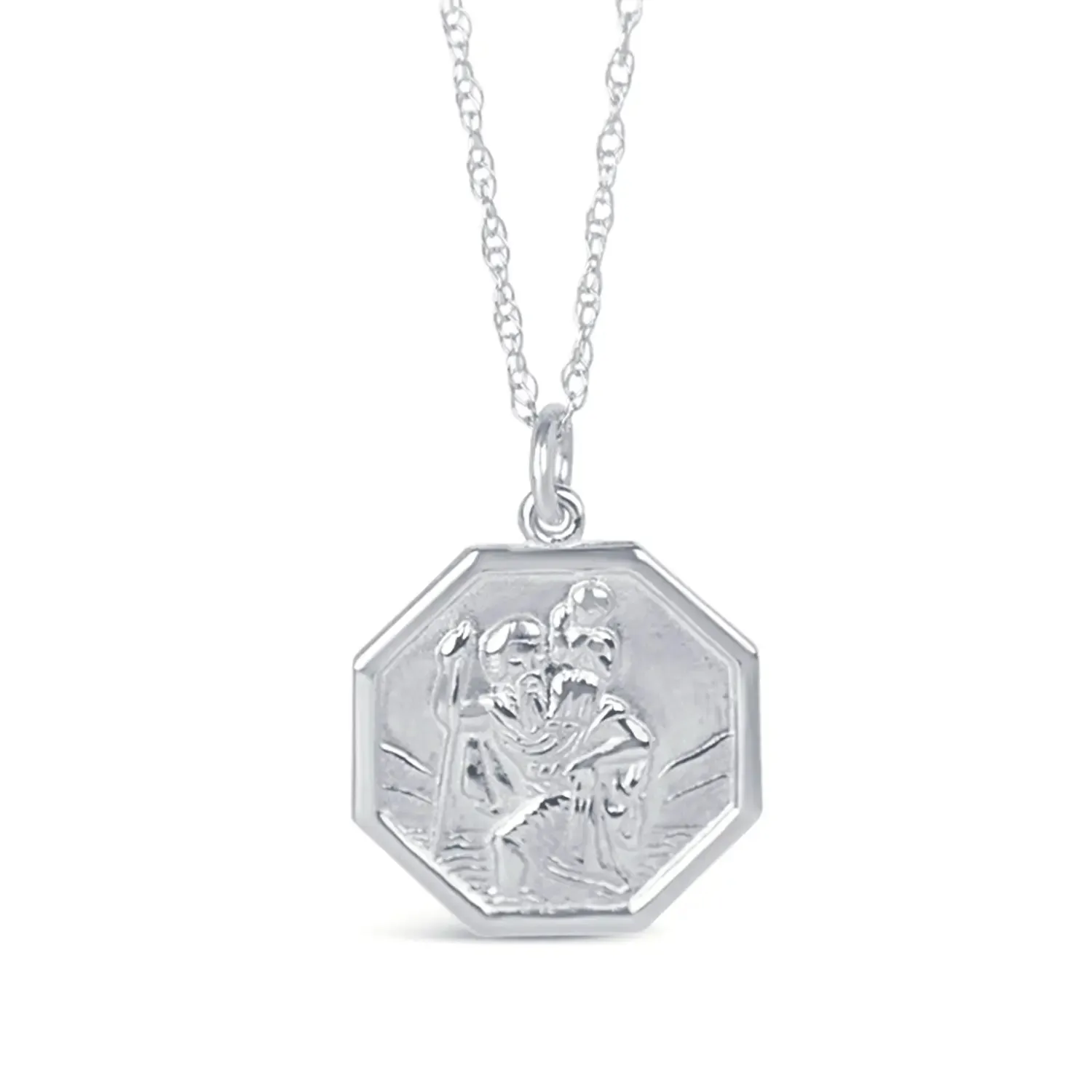 Men's Large St Christopher Necklace White Gold   Engraving