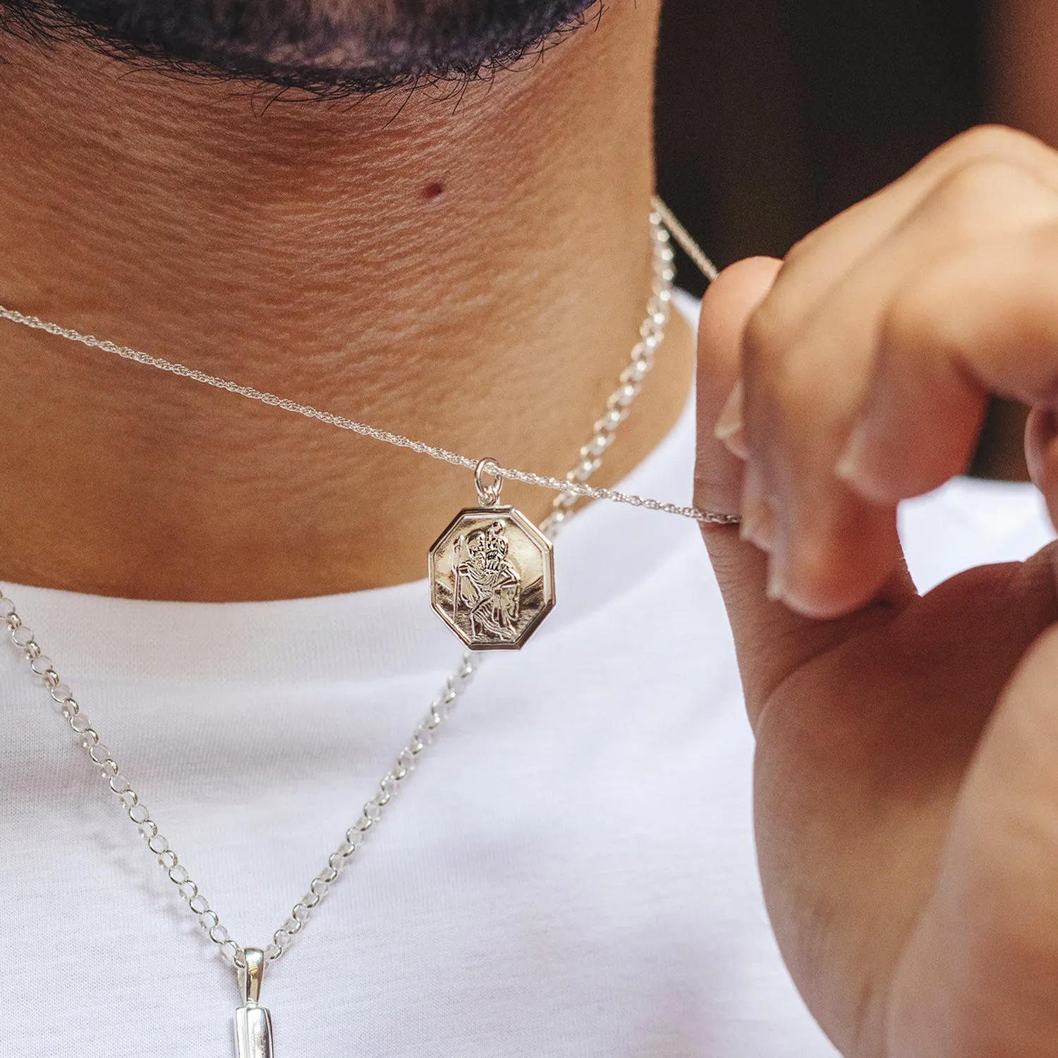 Men's Large St Christopher Necklace White Gold   Engraving