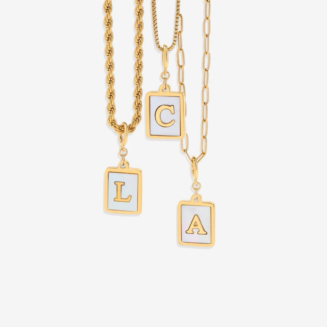 Mother of Pearl Initial Card Necklace | Paperclip Chain