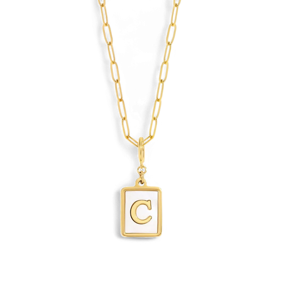 Mother of Pearl Initial Card Necklace | Paperclip Chain