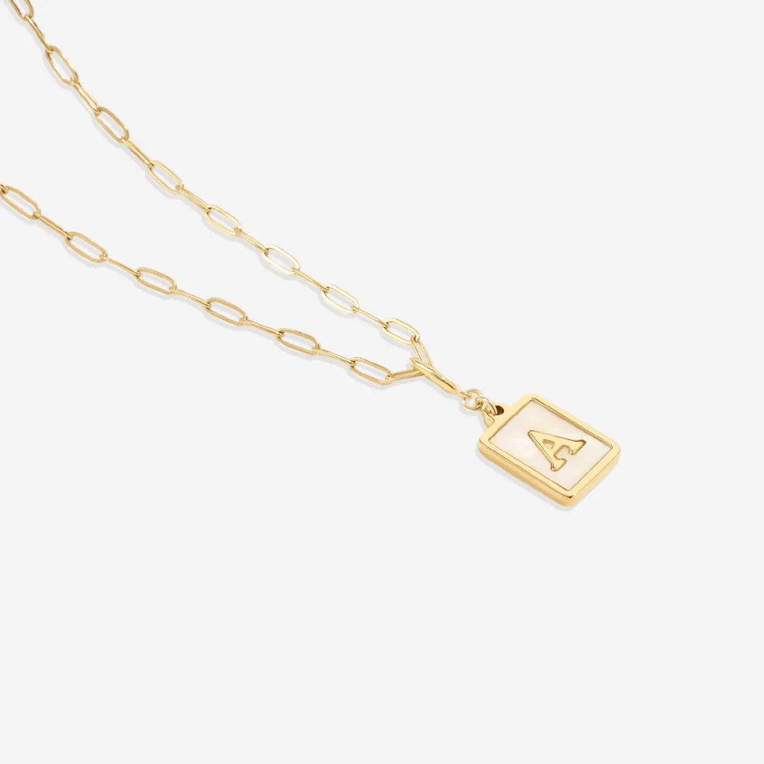 Mother of Pearl Initial Card Necklace | Paperclip Chain