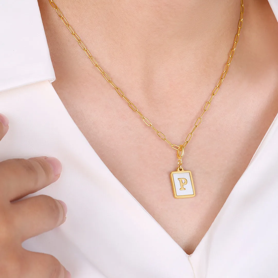 Mother of Pearl Initial Card Necklace | Paperclip Chain